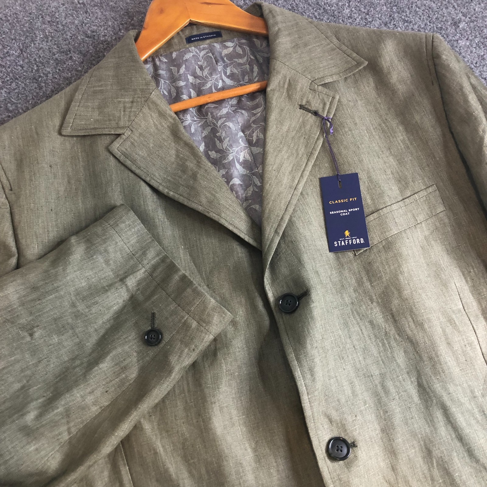 Stafford Blazer Mens 52 Regular Green Olive 100% Linen 3 Button Classic Fit