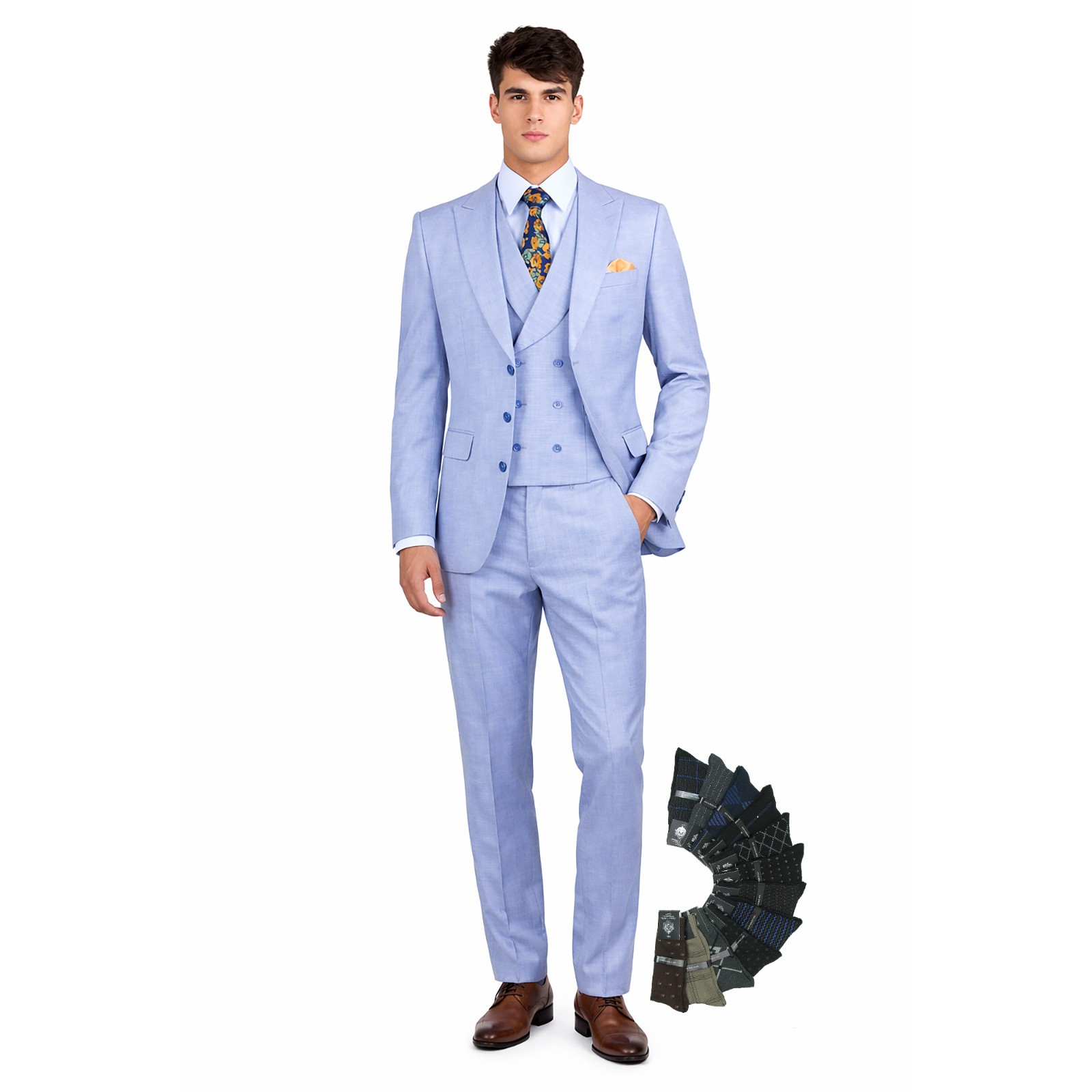 Men’s 3-PC Suit, Modern Fit, Prom Wedding, Stretch Fabric, Adj Waist, FREE SOCKS