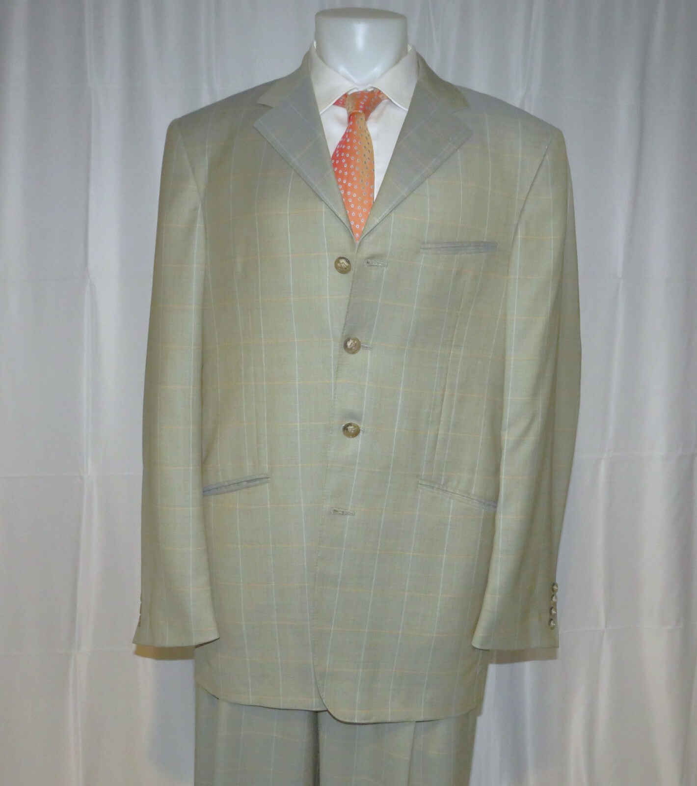 Raphael Wardrobe Design Pale Green Plaid Bespoke Four Button Zoot Suit 44XL