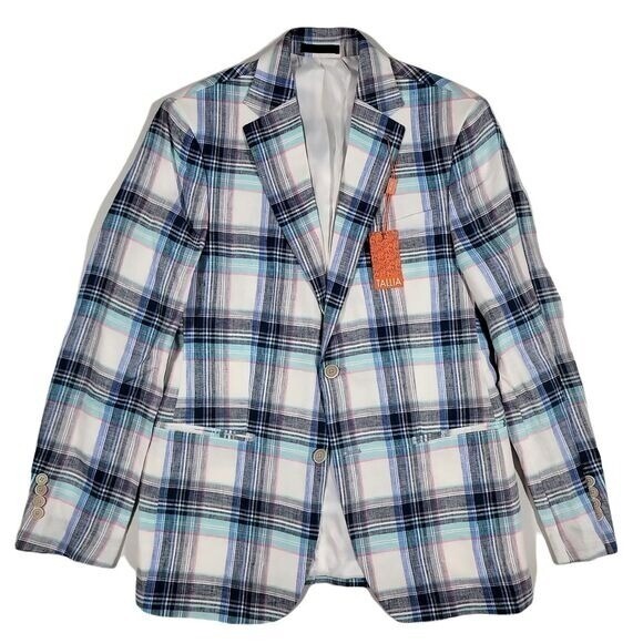 Tallia Slim-Fit Linen Blazer Mens 40R Blue Multi Plaid Vago Sport Coat $295 NEW