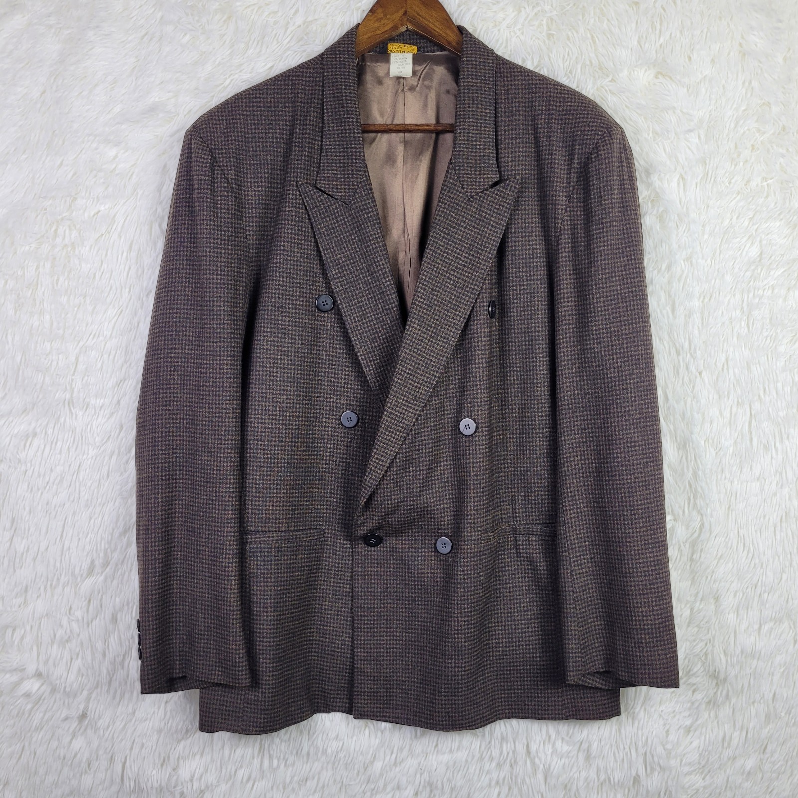 Vtg Cotler Chocolate Brown Mini Check Double Breasted Blazer 40R Classic
