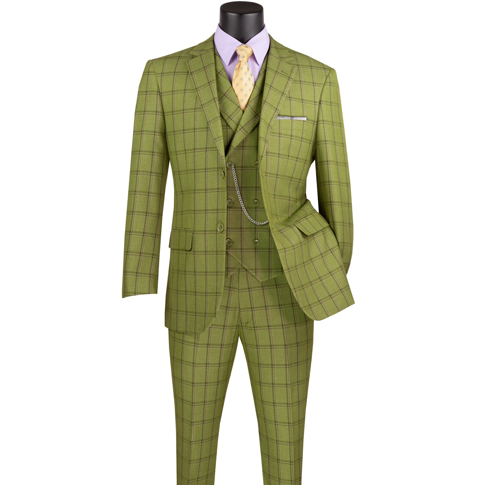 VINCI Men’s Moss Green Windowpane 3 Piece Modern Fit Suit – NEW