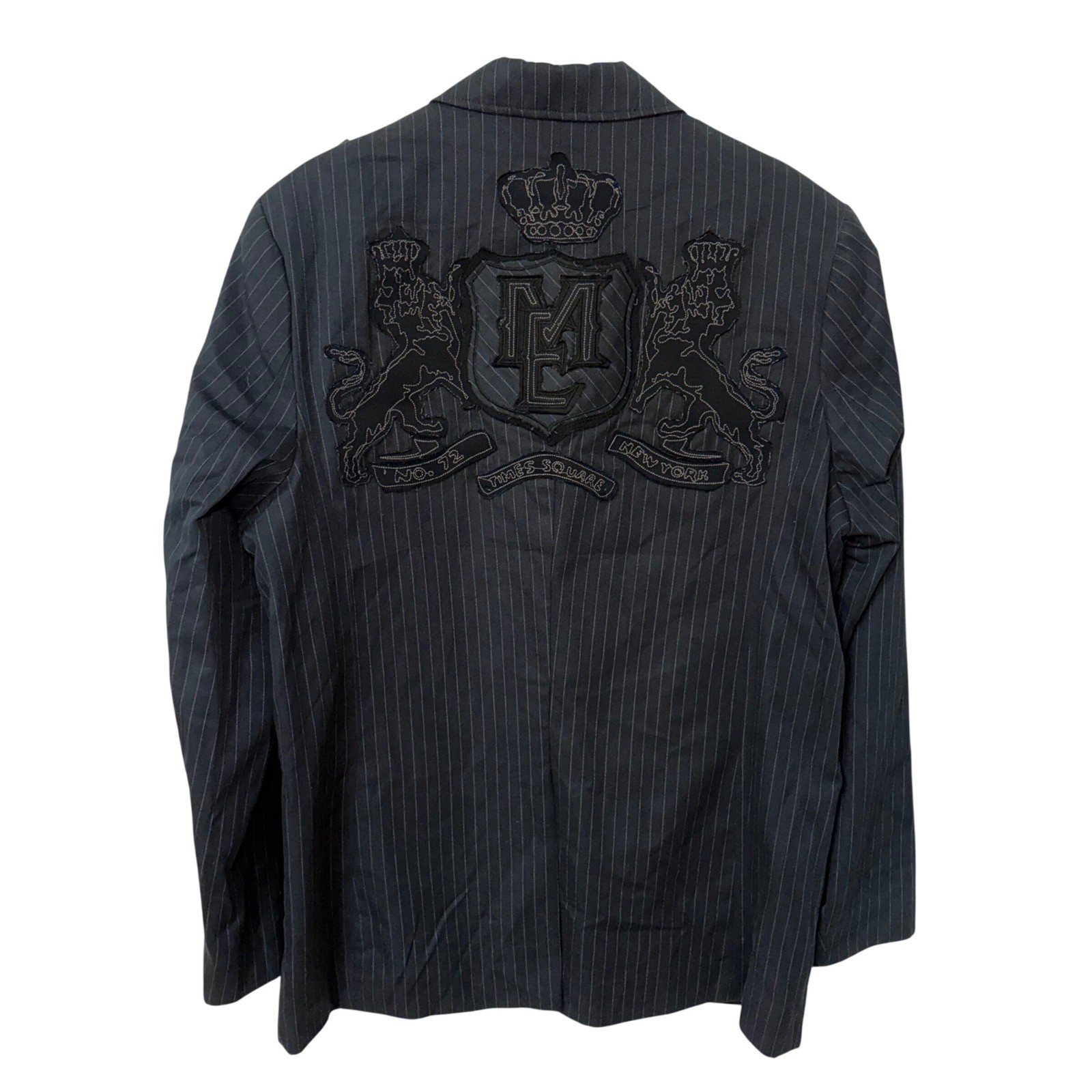 Marc Ecko Cut & Sew Mens XXL Gray Pinstripe Blazer Embroidered Times Square y2k