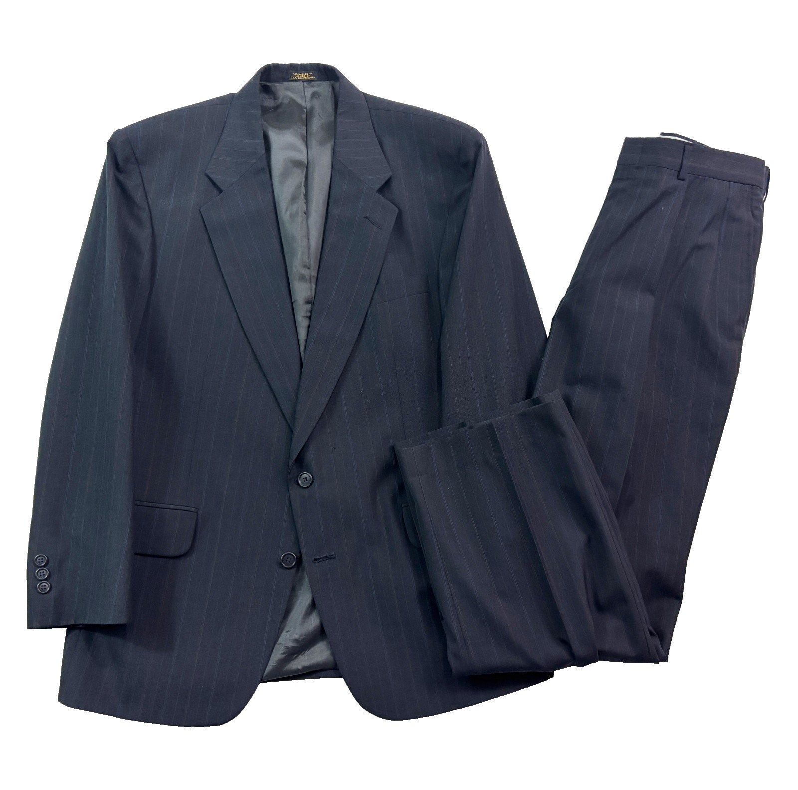 VTG 90s Towncraft 42R 34×30 2pc Pant Suit Navy Blue Stripe USA Wool Pleated