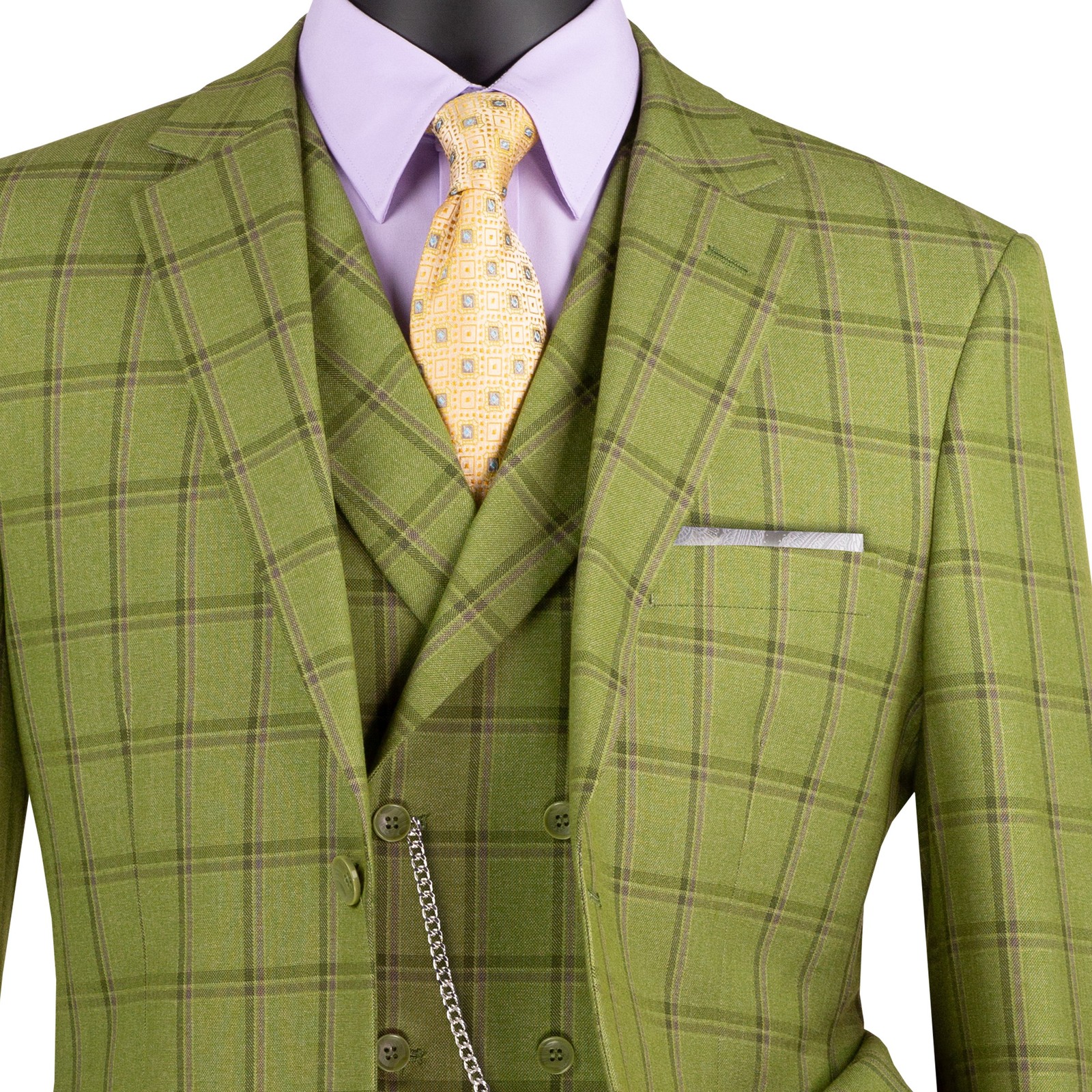 VINCI Men’s Moss Green Windowpane 3 Piece Modern Fit Suit – NEW