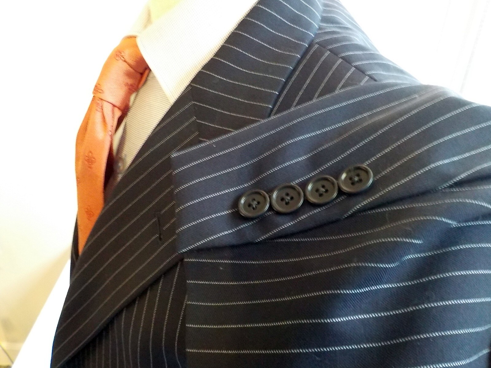 COPPLEY BOCELLI JORDAN Navy Pinstriped Suit 100% Wool SZ 45RX36