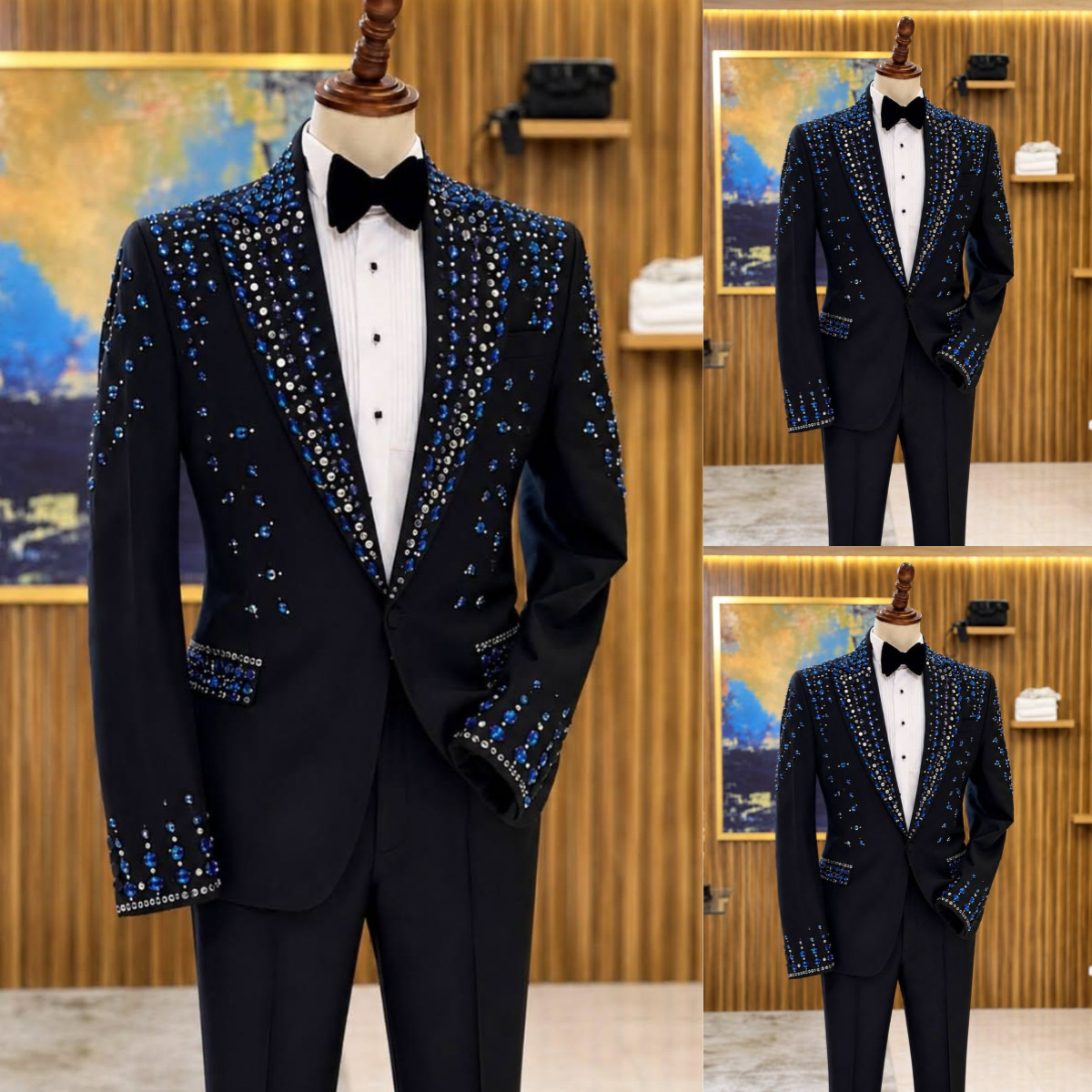 Beading Luxury Mens Suits Formal Prom Jacket Slim Fit 2Pcs Peak Lape Dinner Coat