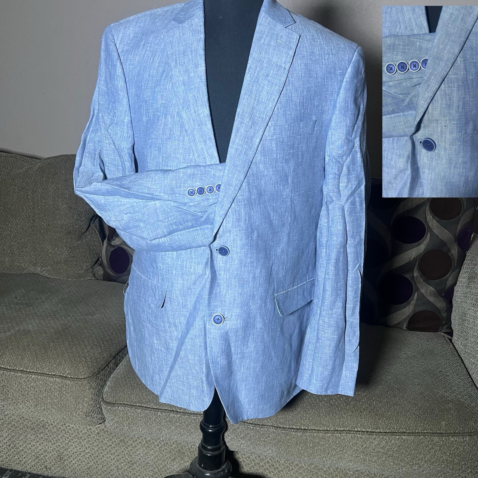 Bar III Natural Blue LINEN Preppy Sports Coat SLIM FIT Jacket SUMMER Blazer 44R