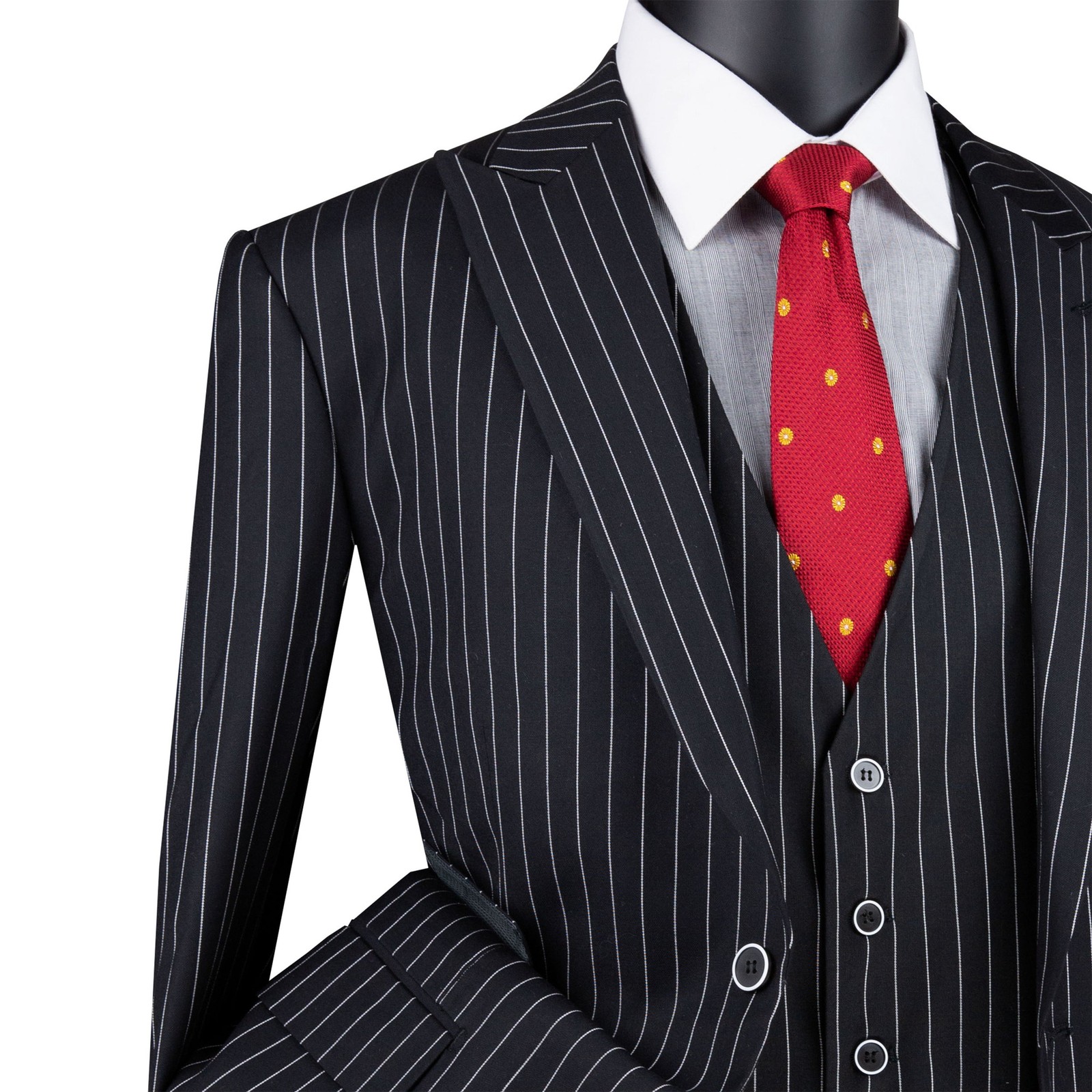 VINCI Men’s Black Striped 3 Piece Regular Fit Suit w/ Flex Waist – NEW