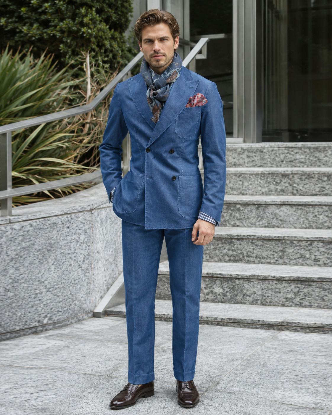 Men Blue Denim Double Breasted Suit 2 Piece Blazer Pants Wedding Prom