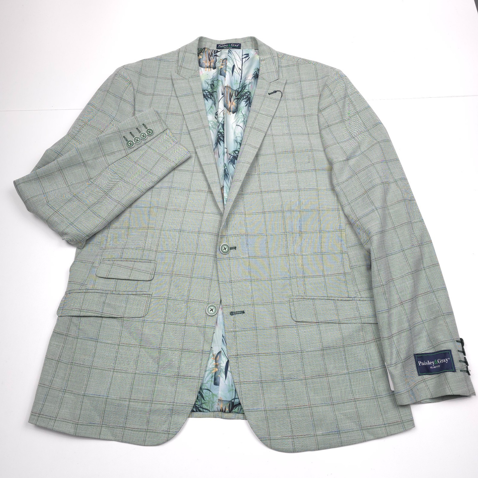Paisley & Gray Suit Mens 46R X 40 Slim Fit Light Green Plaid 2-Piece NWT