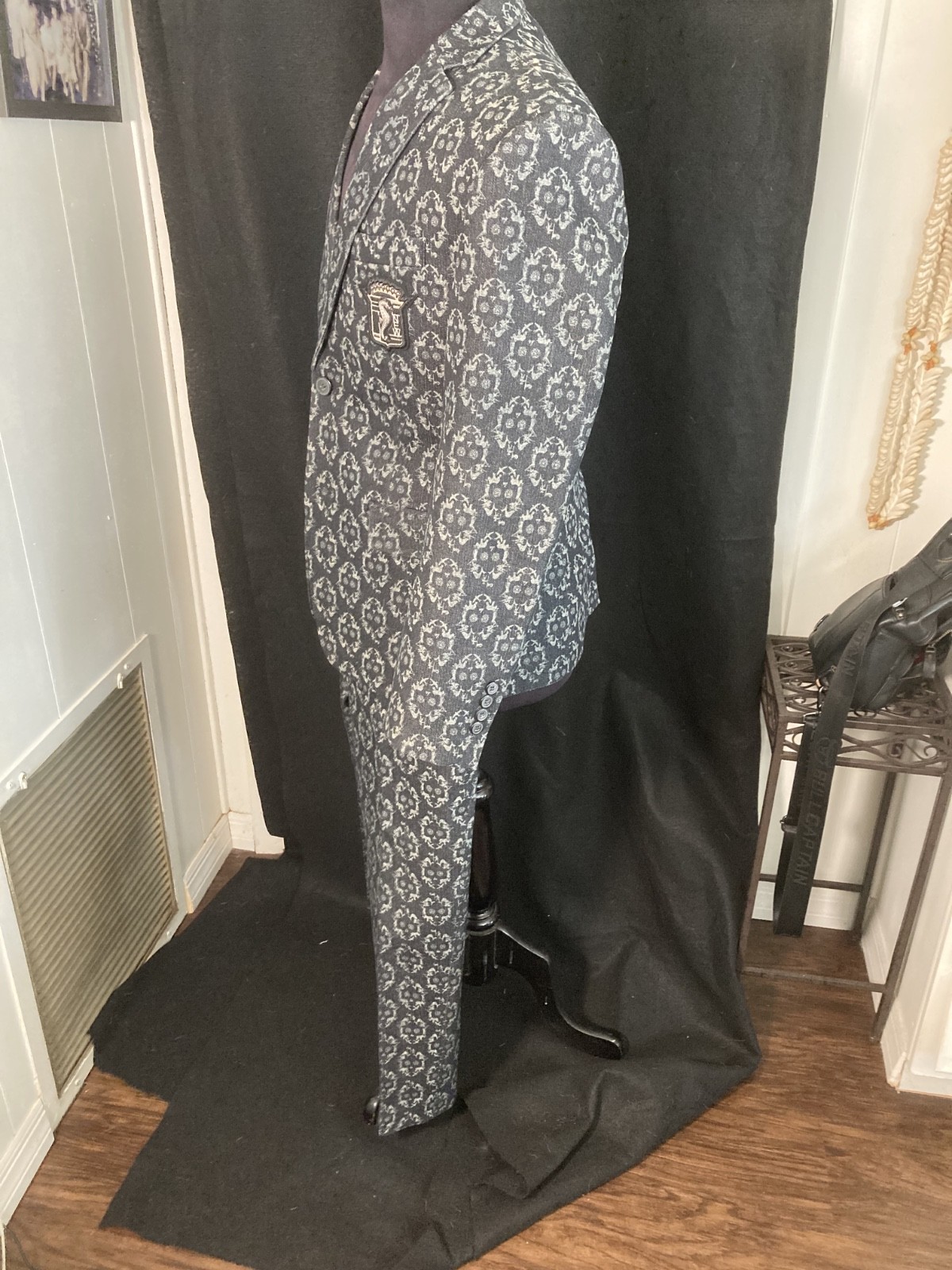 Trendy Dark Gray Denim Brocade Custom Made Suit With Skull Pattern Size 38