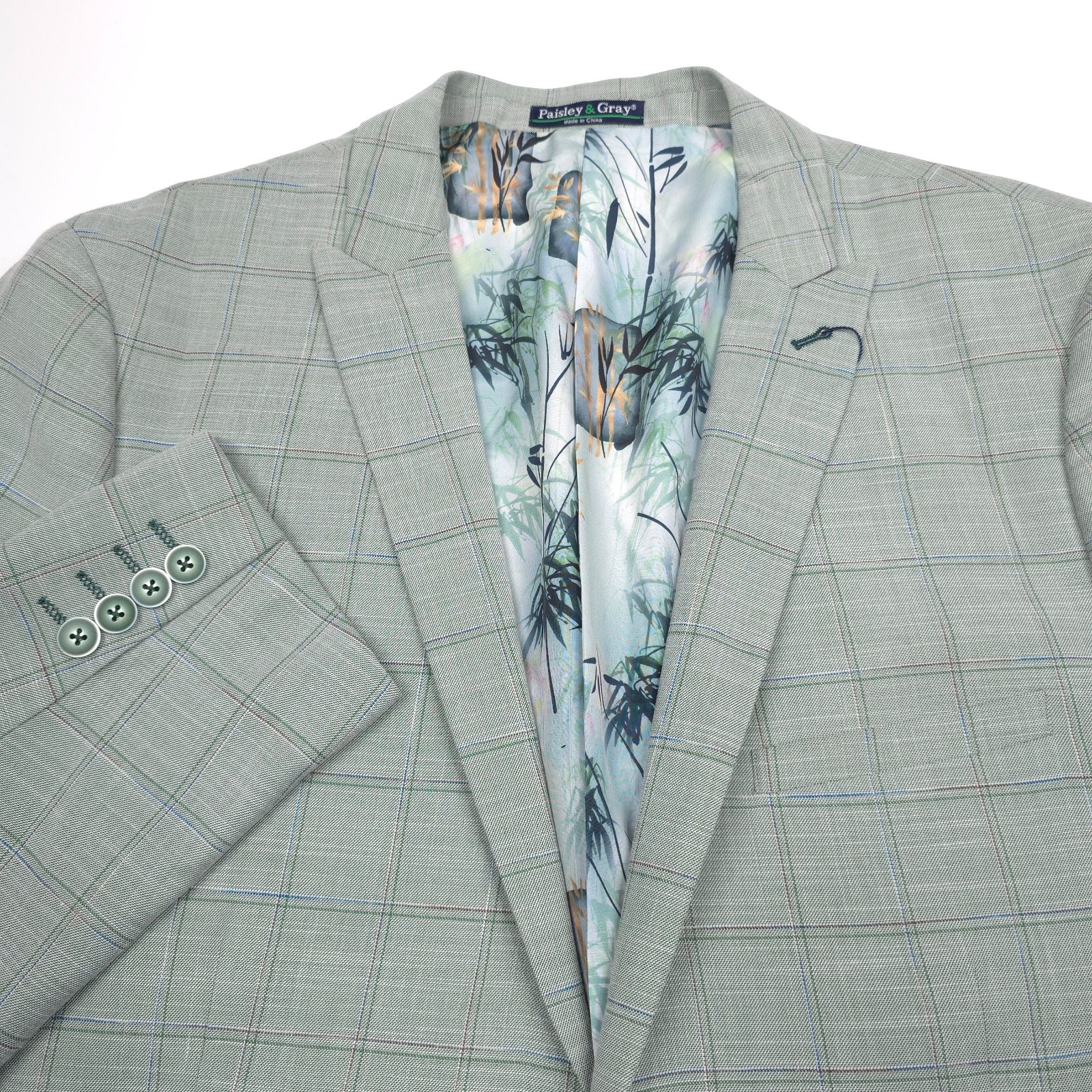 Paisley & Gray Suit Mens 46R X 40 Slim Fit Light Green Plaid 2-Piece NWT