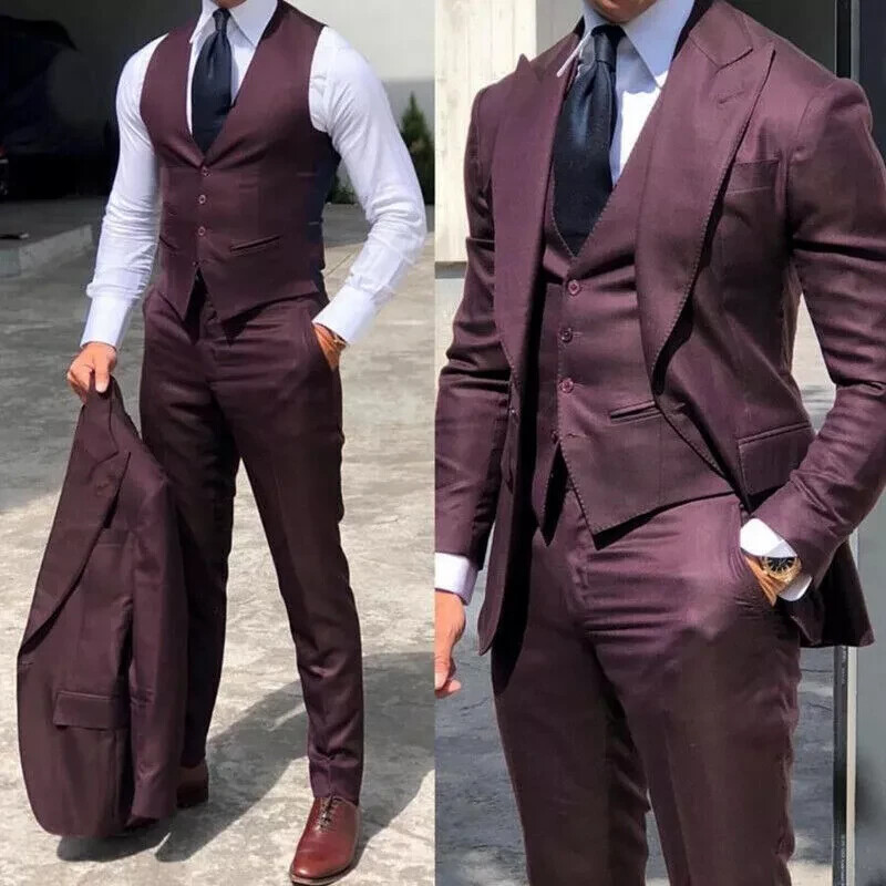3Pcs Men Suits Peak Lapel Formal Business Office Party Groom Tuxedos Slim Fit