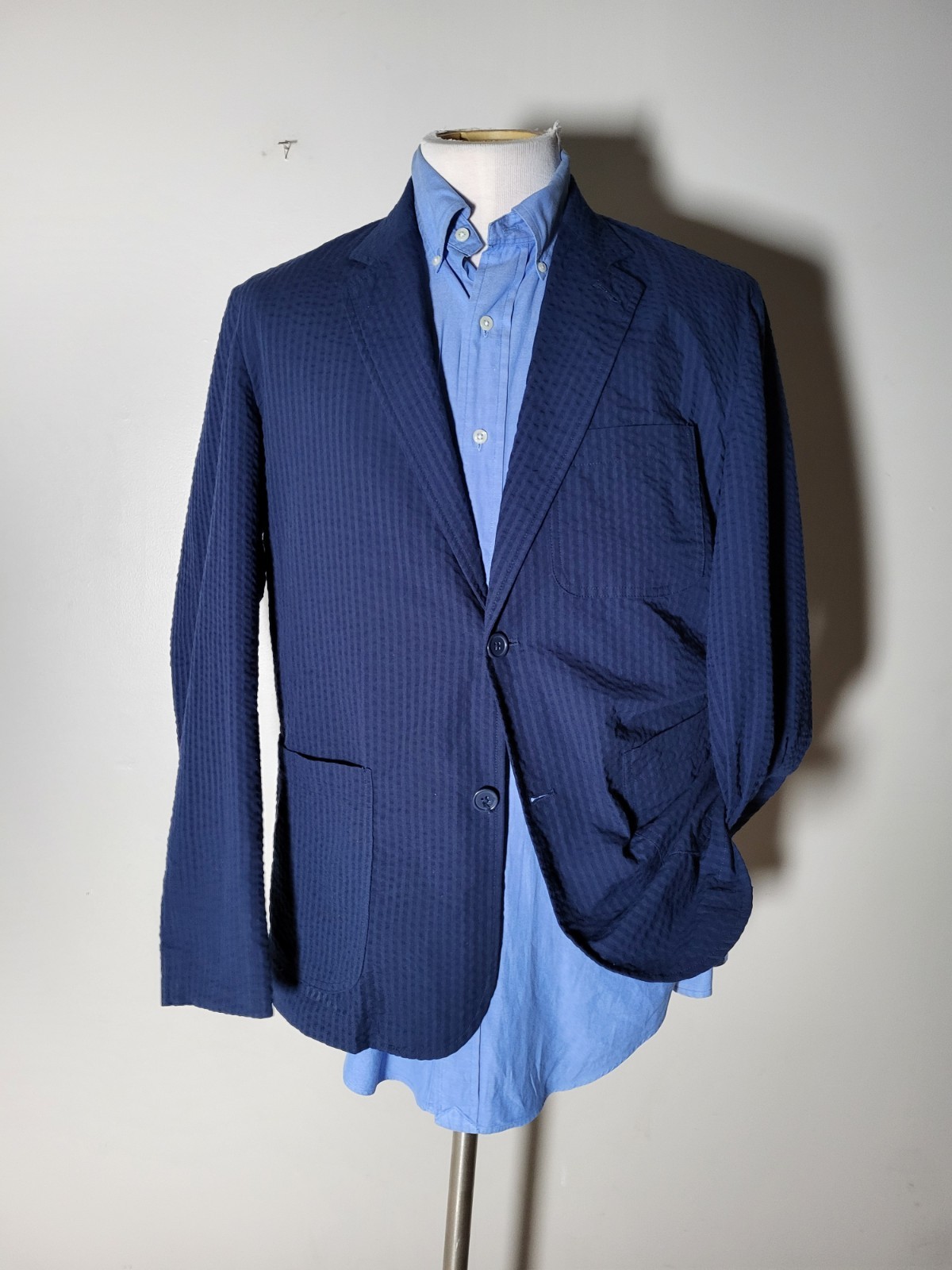 Nautica L Large 44 Navy Blue Black Striped cotton Seersucker sport Blazer Jacket
