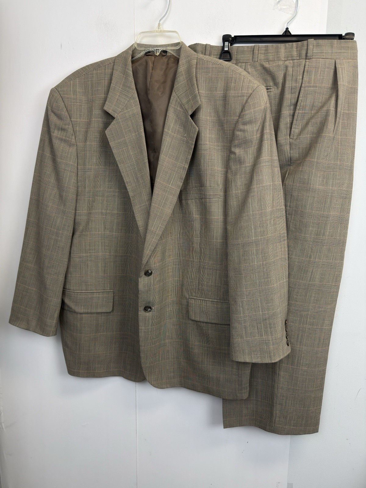 Jeffrey Banks Suit Brown Glen Plaid Wool Men’s 48R Blazer 42X27 Pleated Pants