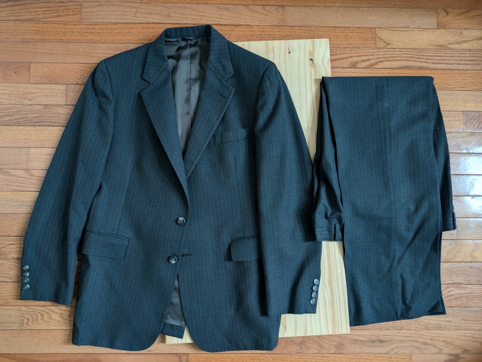 see measurements: 2-piece suit Cricketeer By Dillard’s, seems wool or wool-blend