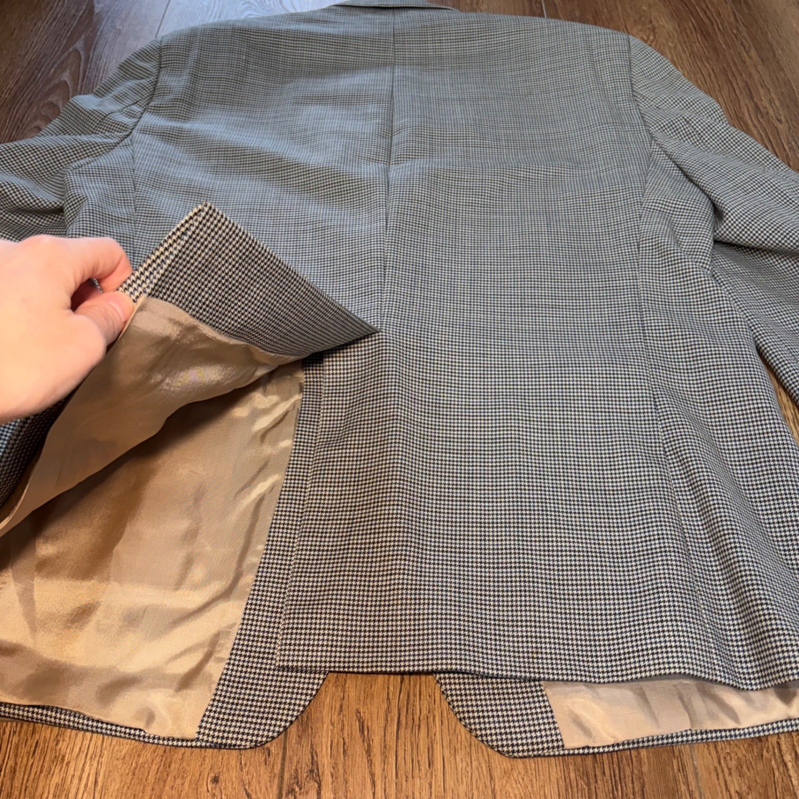 Lauren Ralph Lauren Mens 44R 100% Wool Houndstooth Blazer Sport Coat Tan Blue