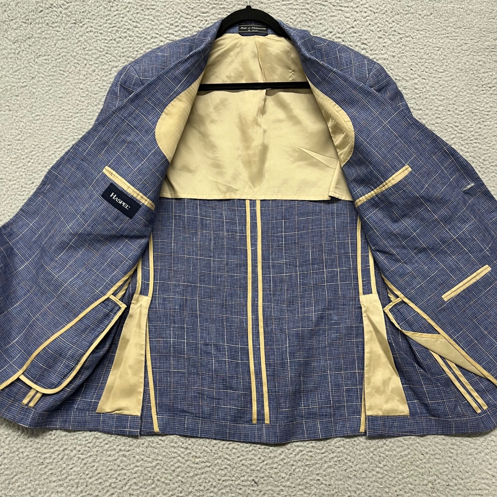 Haspel Linen Blazer Mens 44 Blue Plaid Unstructured Retro Heritage Preppy