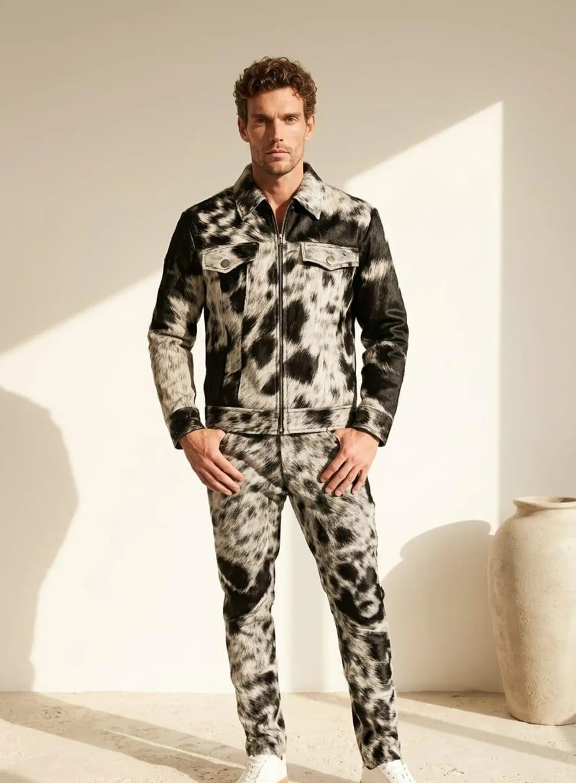 Handmade Cowhide Hair On Leather Suit Jacket & Pant Set XS to XXXXL Sizes