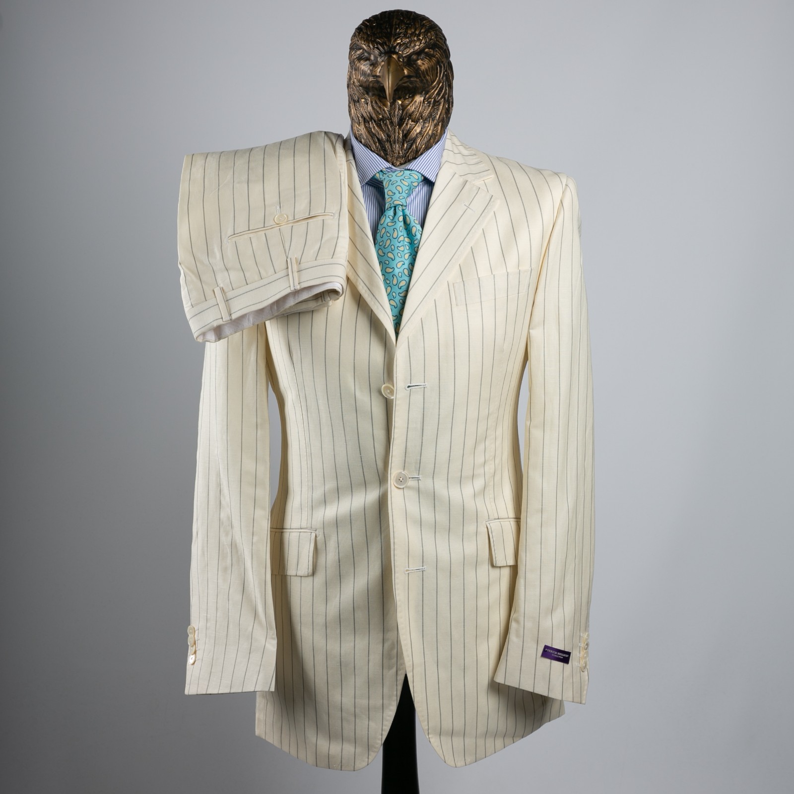 NWT $3250 PATRICK HELLMANN Wool and Linen Striped Suit Ivory 42US/52IT SHORT