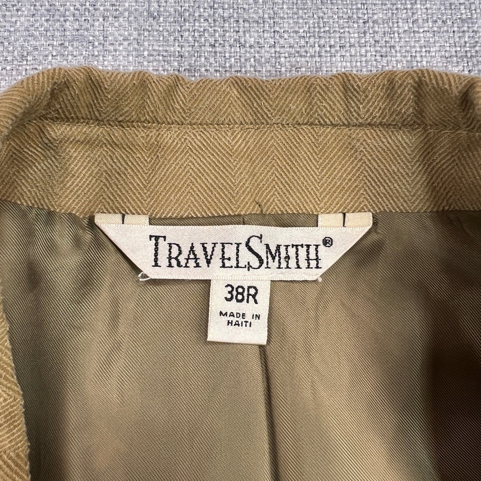 VTG 90s TravelSmith Herringbone Sport Coat Blazer Men 38R Tan Classic Travel