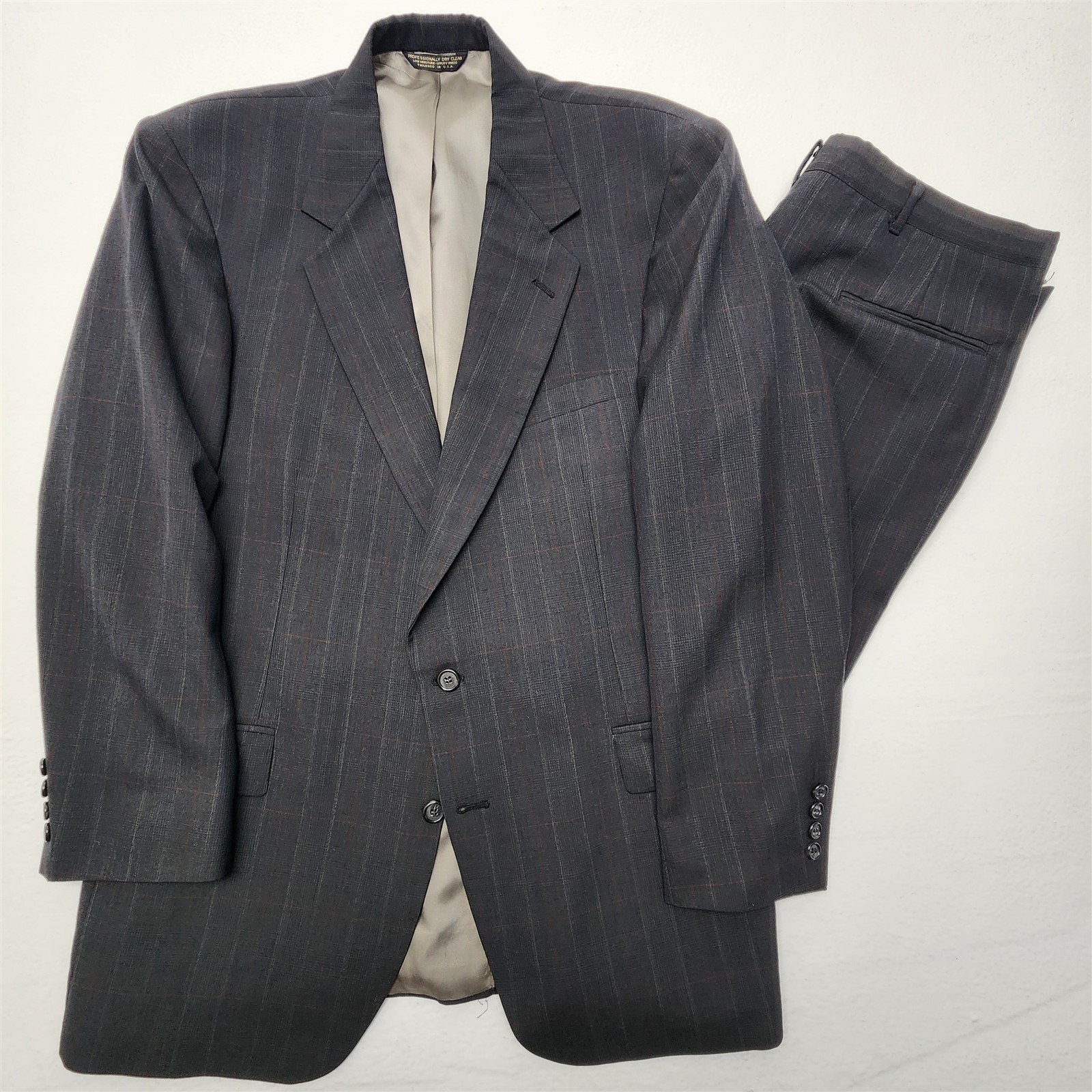 Vtg Sansabelt USA 42R 36×28 Dark Gray Check Wool 2Btn 2Pc Mens Jacket Pants Suit