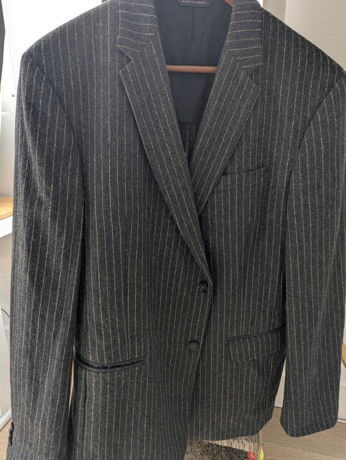 1970s vintage wool classic chalk stripe charcoal suit jacket blazer 44R