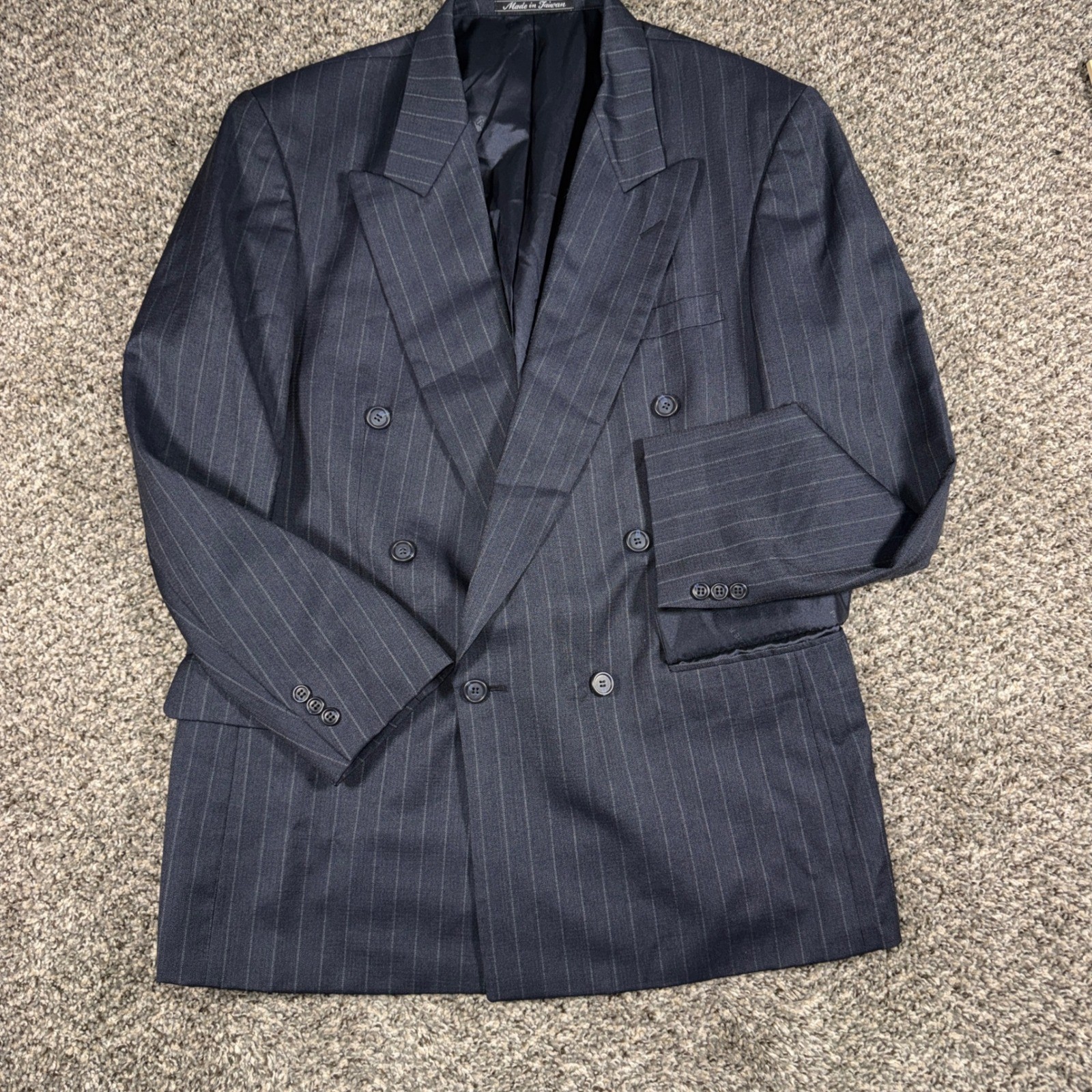 Vintage Pierre Balmain Mens 42R Double Breasted Wool Pinstripe Blazer Navy Blue