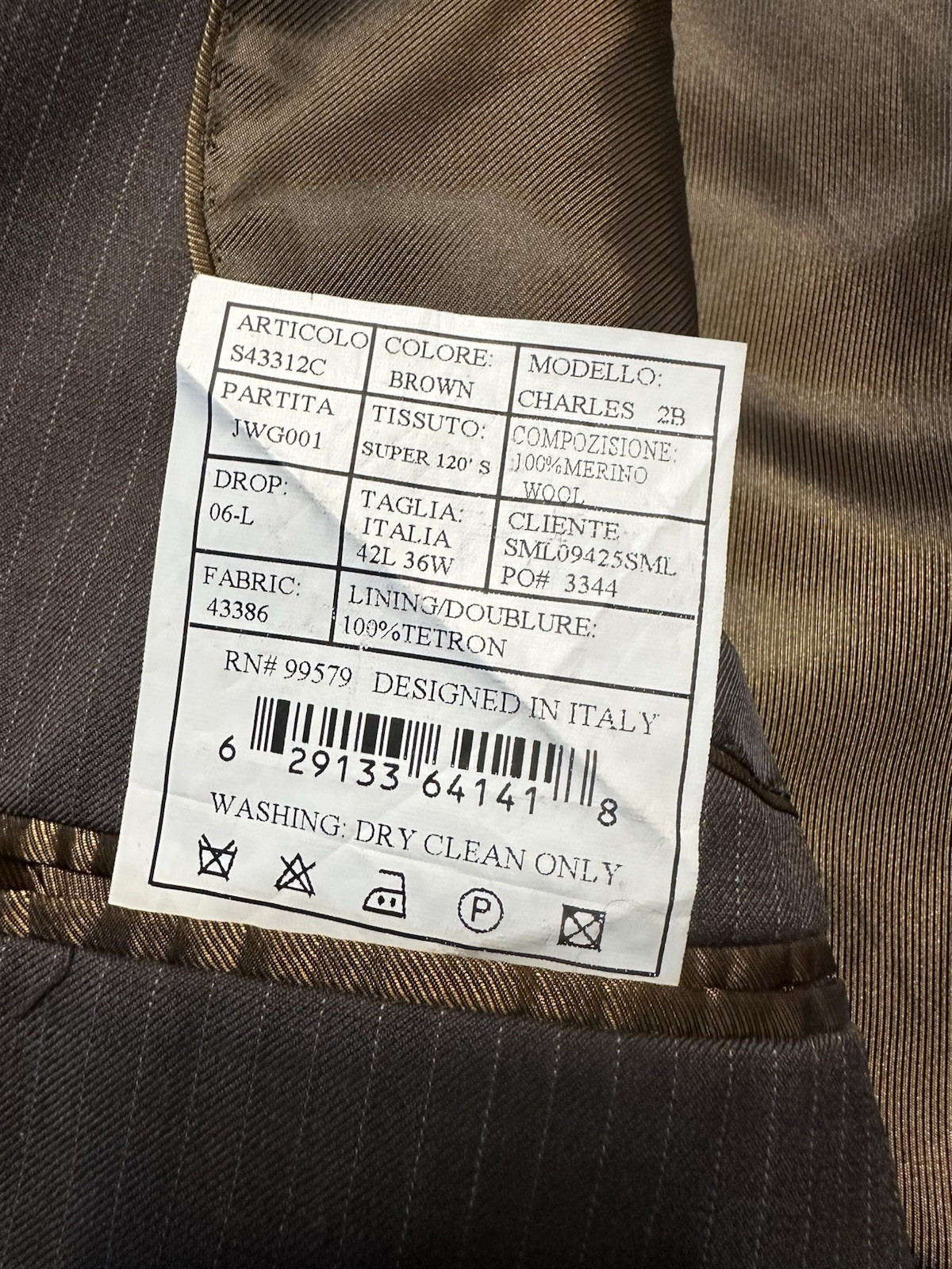 Montefino Uomo Super 120s Cloth Mens Blazer 42L Merino Wool Brown Pinstripe