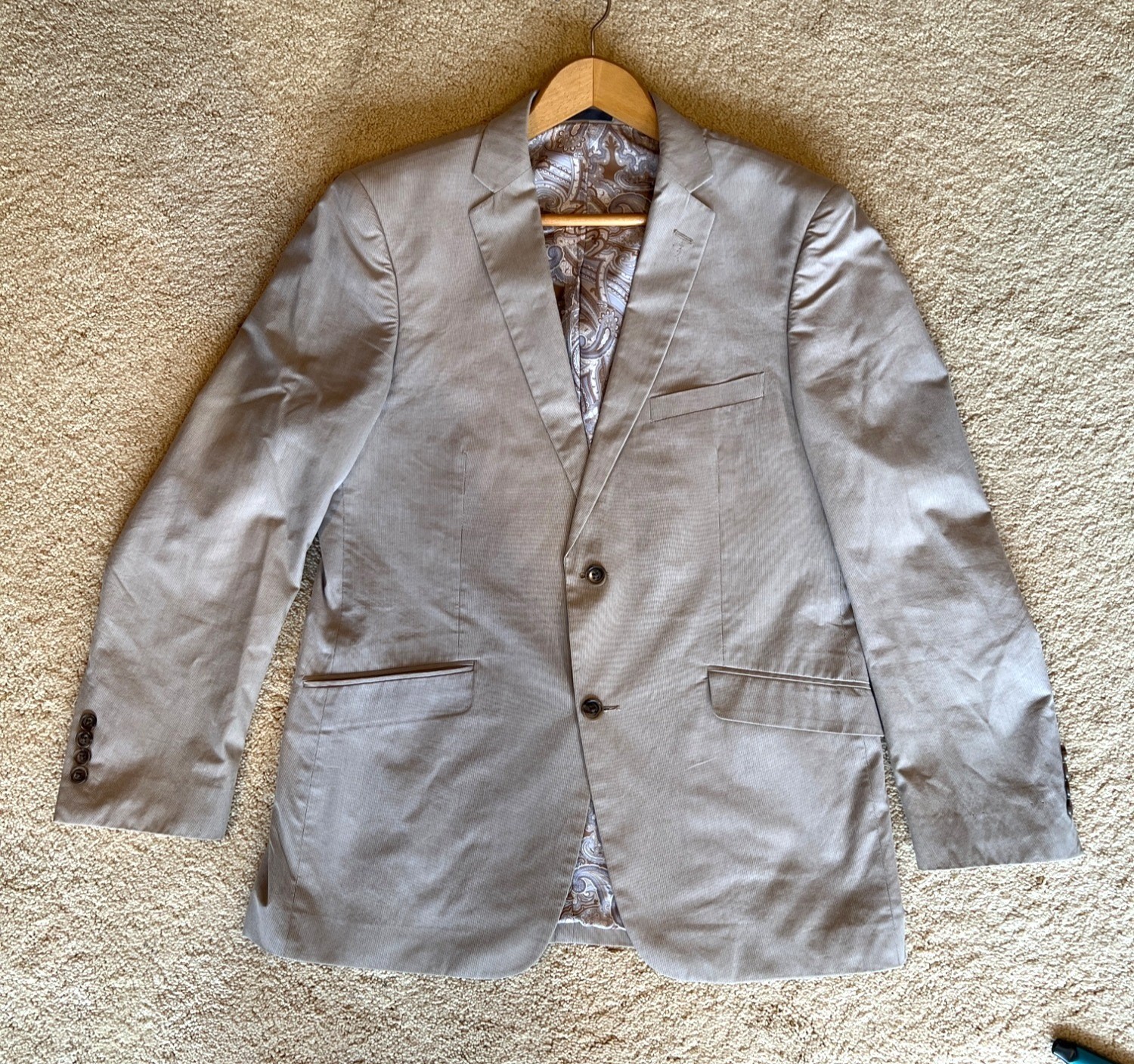 Madison Mens Beige Lined Blazer Jacket 100% Cotton Shell Polyester Lining Size 4