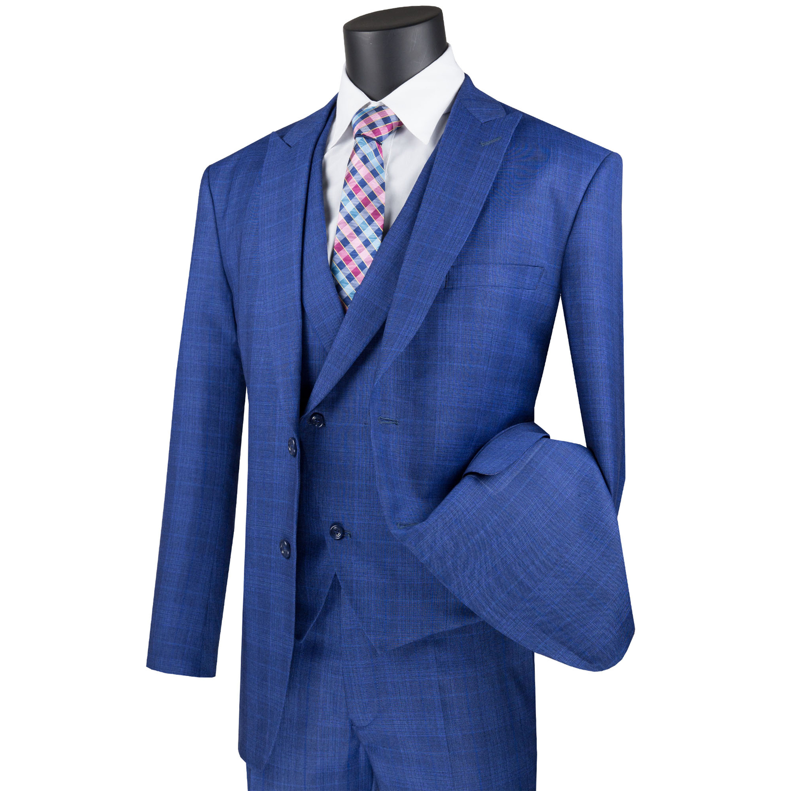 VINCI Men’s Blue Glen Plaid 3pc 2-Button Modern Suit w/ Peak Lapel – NEW