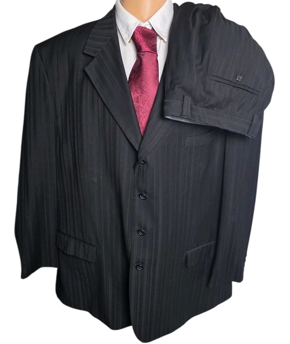 Mario Rossi Black Pinstripe 2 Piece Suit 4 Button Men 52L 44×32 Sharp Old Money