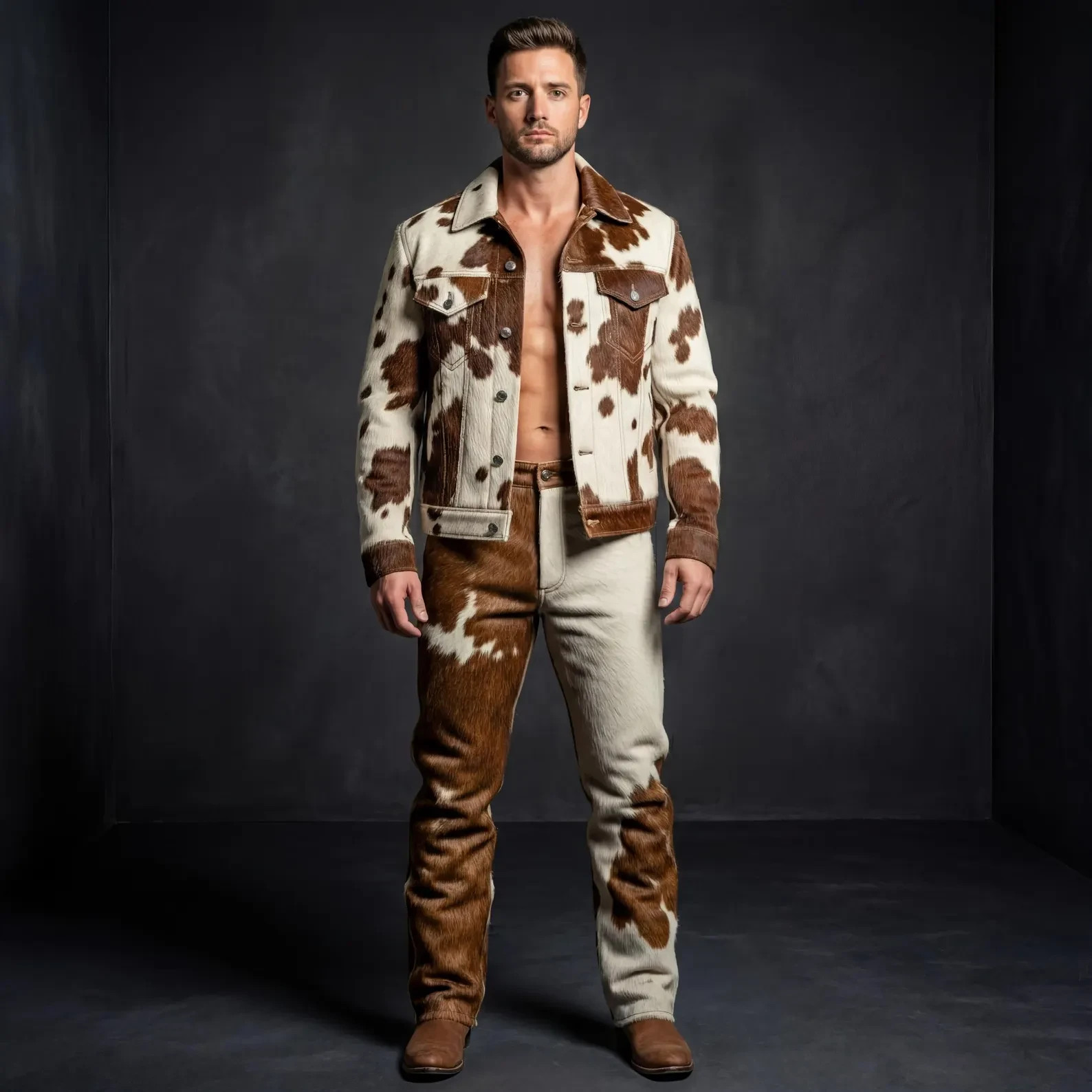 Men’s Cowhide Hair-On Leather Suit | Western Jacket, Split-Tone Pants Set