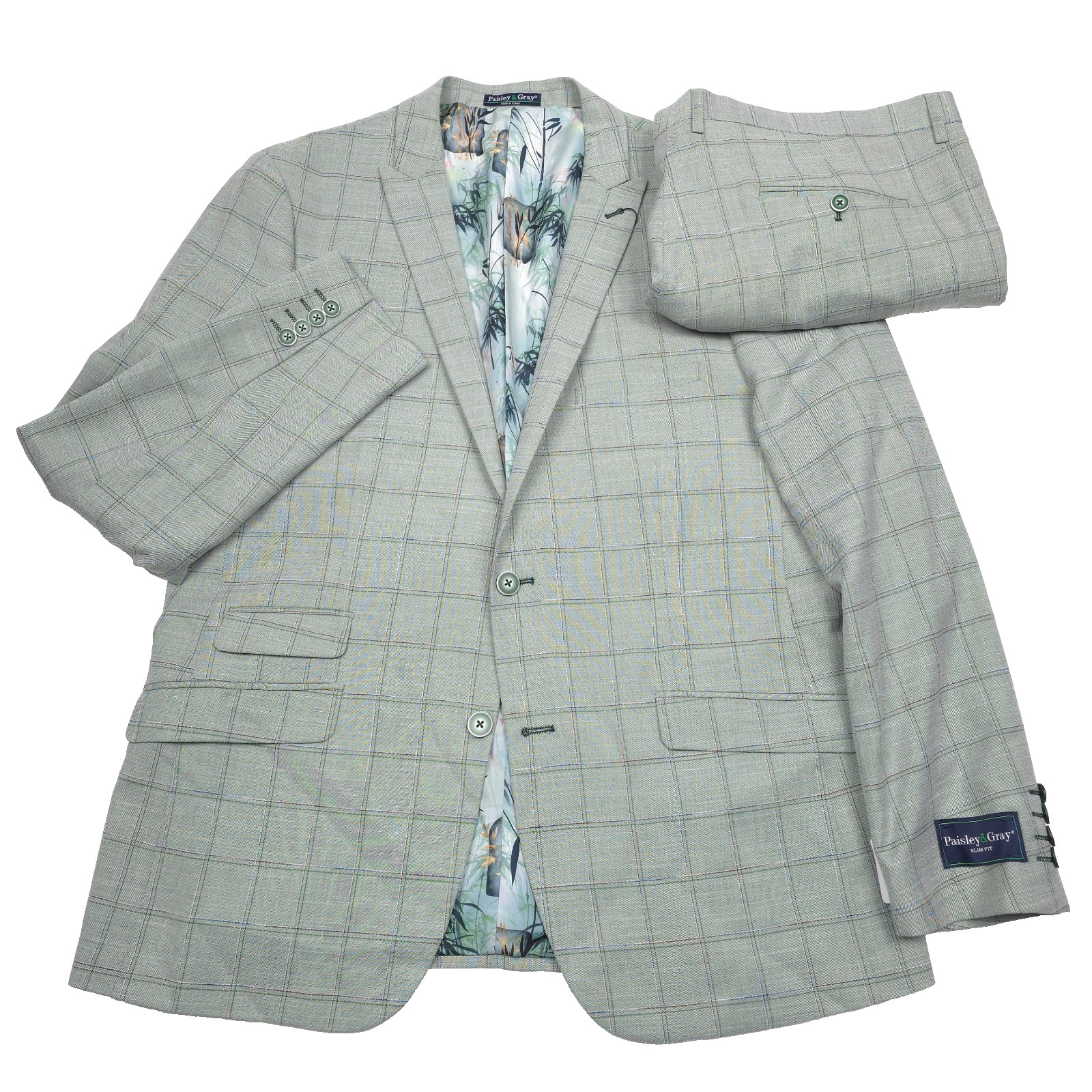 Paisley & Gray Suit Mens 46R X 40 Slim Fit Light Green Plaid 2-Piece NWT