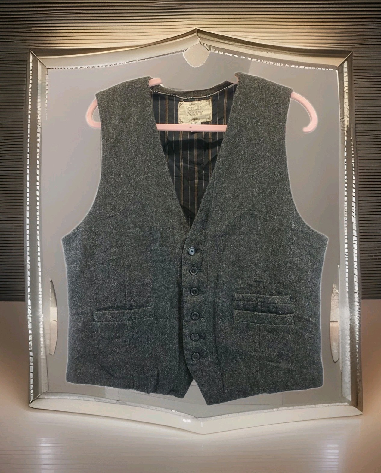 Vtg Y2K Old Navy Wool Suit Vest Gray Button Old Money Rockabilly Preppy Punk Lrg