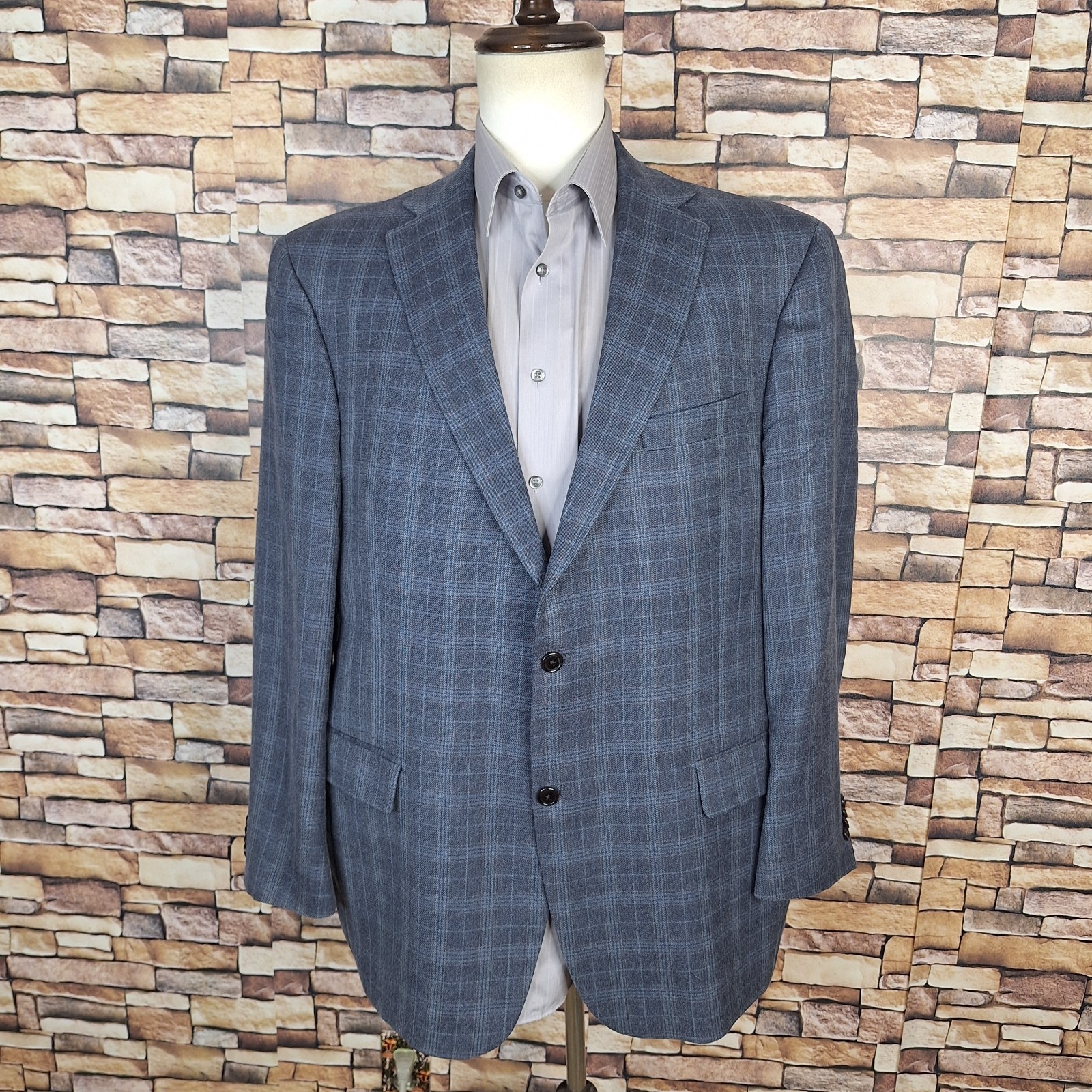 Hart Schaffner Marx Sport Coat Jacket Mens 46R Blue Gray Plaid Double Vented