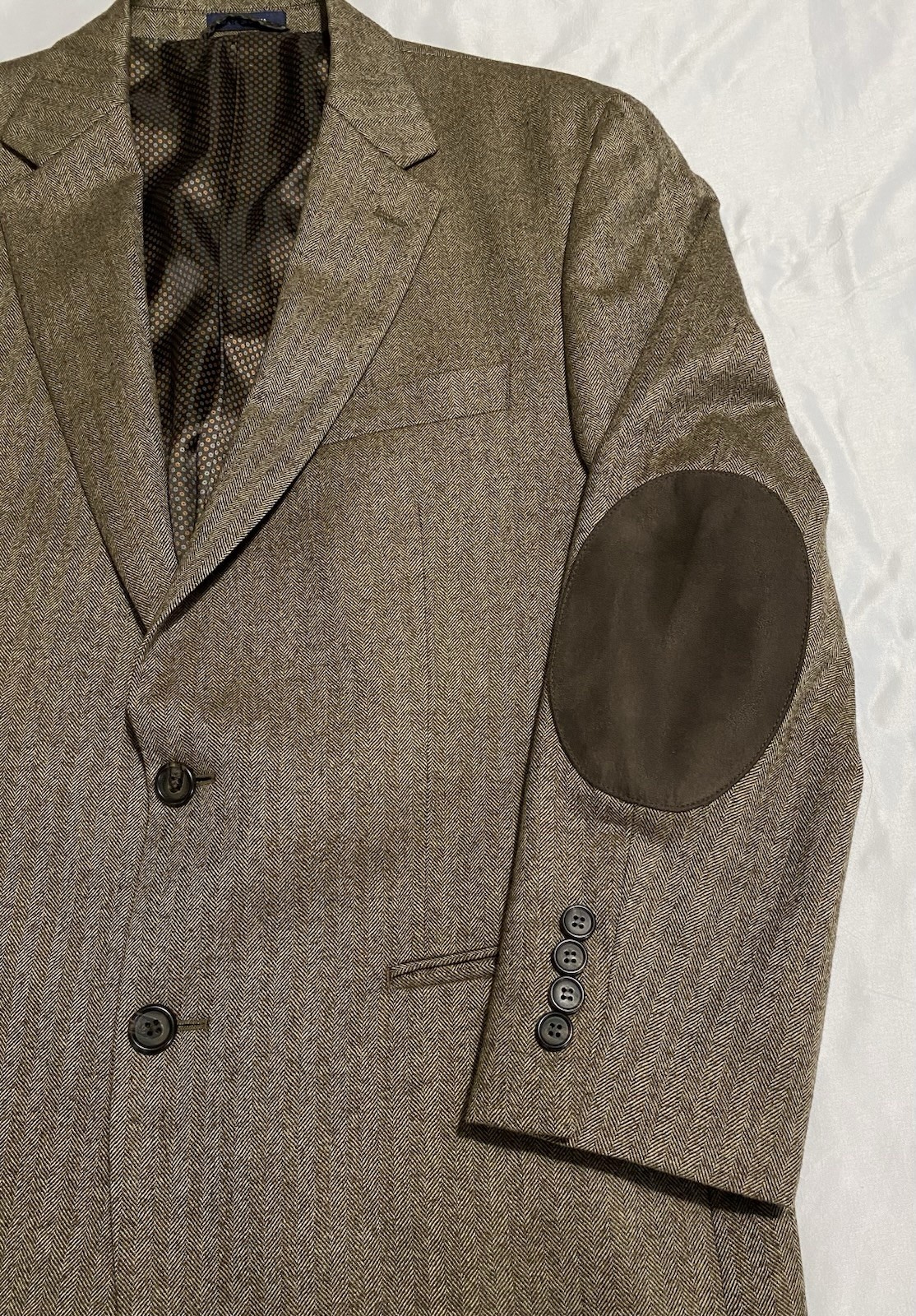 40R Wool/Cashmere Ralph Lauren Brown Herringbone Blazer Suede Elbow Patches