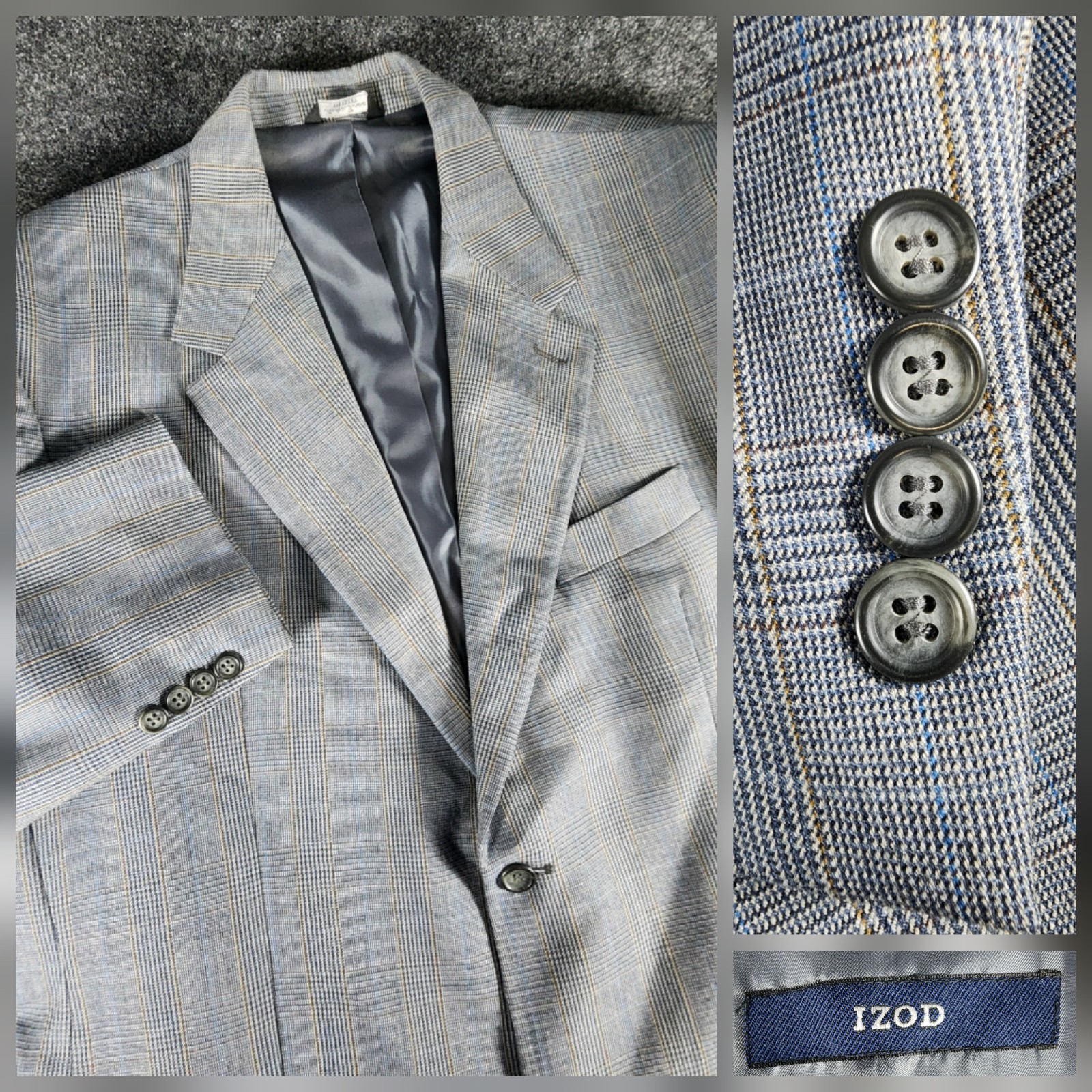 IZOD Men’s Glen Plaid Wool Gray Sport Coat Blazer Jacket Size 46L