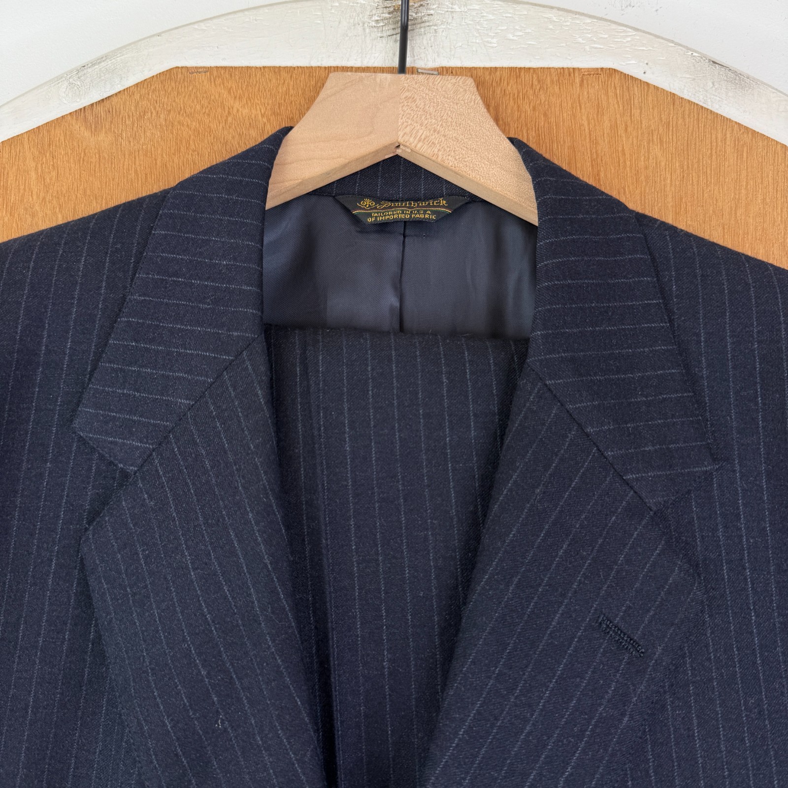 VTG Southwick Suit Mens 42R Navy Blue Pinstripe Flannel 2 Button Canvased 36×28