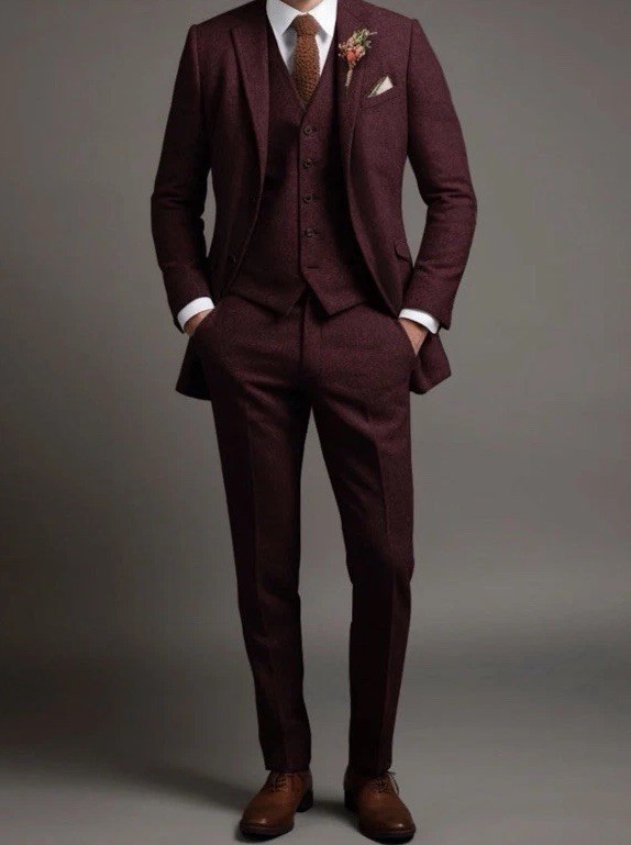 Men’s Dark Wine Burgundy 3-Piece Slim Fit Twill Suit