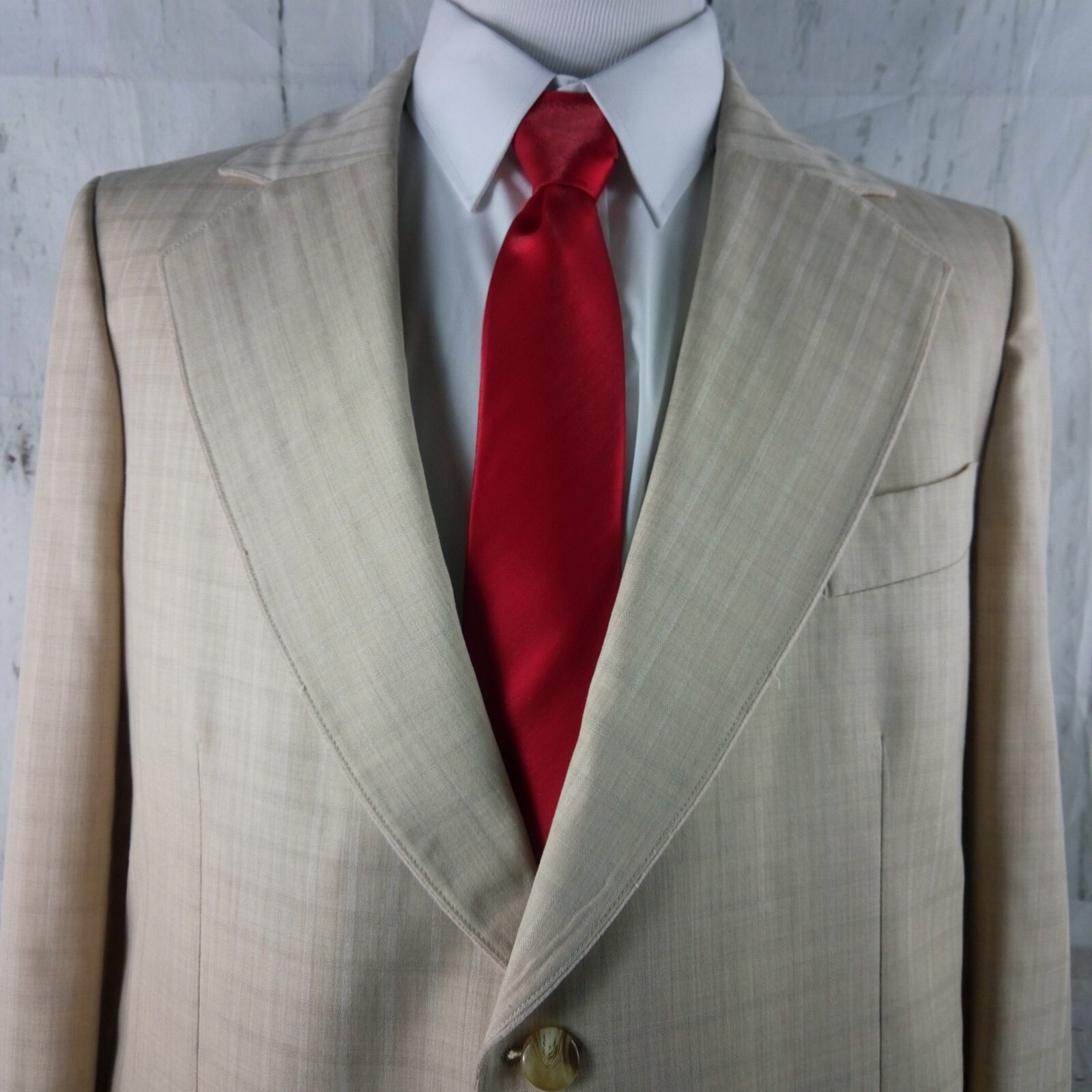 Custom Made 46L 2 Button Beige Stitched Lapel Plaid Suit Blazer Jacket