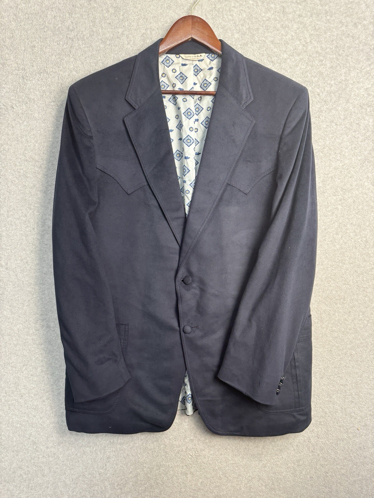 VTG Prestige West Cowboy Cut Blazer 42L USA Flag Lining Navy Suede Look