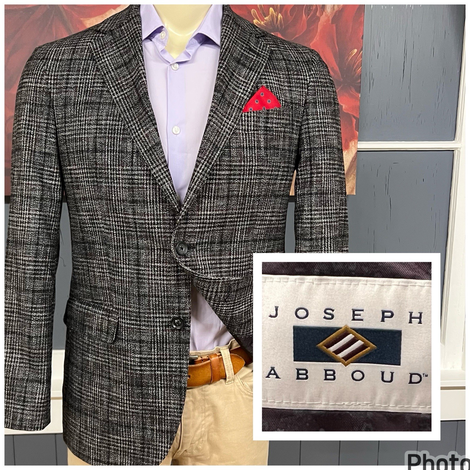 Joseph Abboud Soft Knit Blazer Jacket Mens 40R Wool Blend Charcoal/Maroon/Black