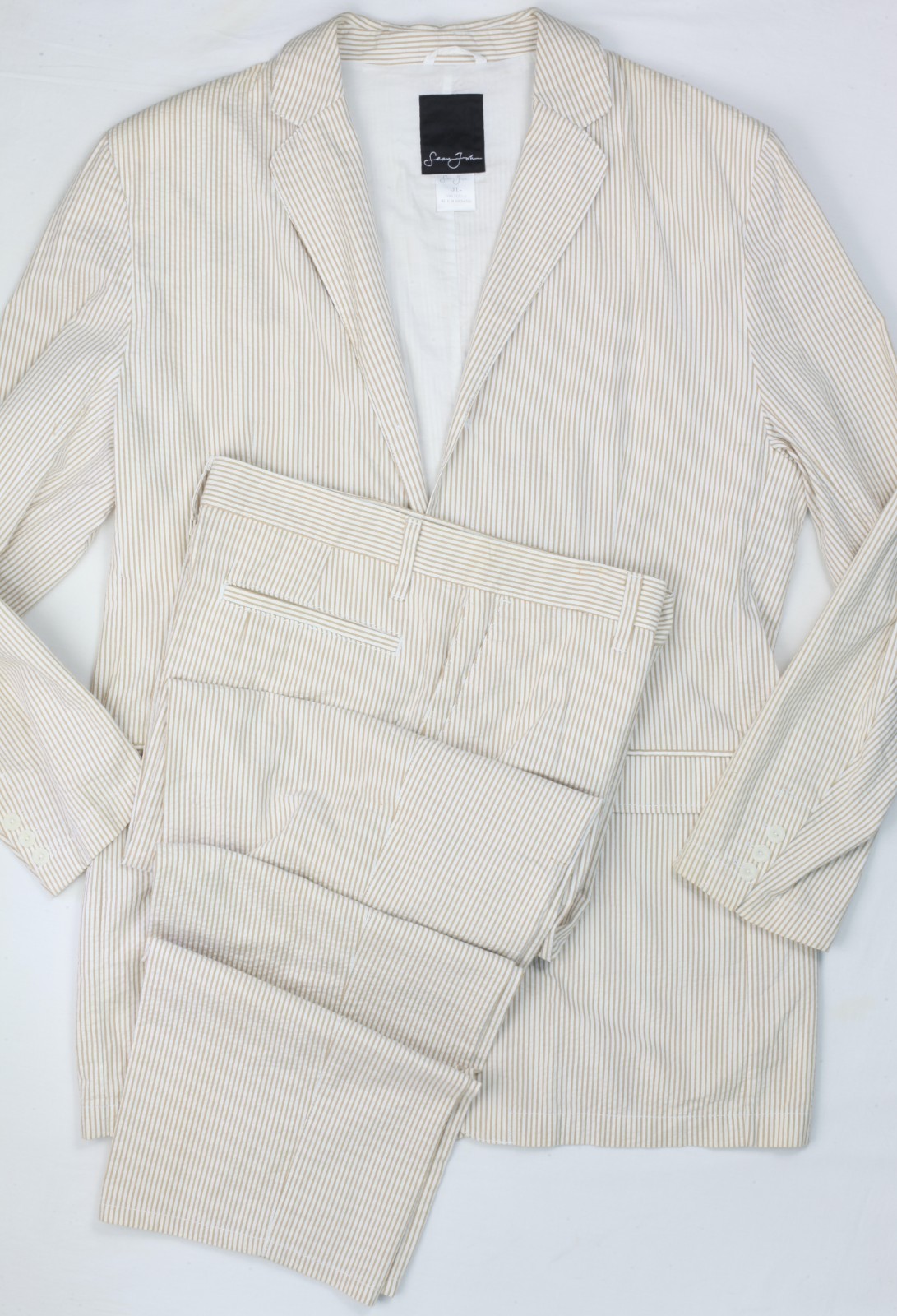 Sean John Seersucker Suit Beige White Cotton XL 36×32 Lightweight Unstructured