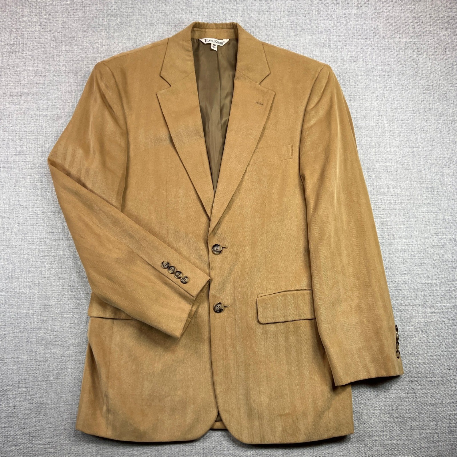 VTG 90s TravelSmith Herringbone Sport Coat Blazer Men 38R Tan Classic Travel