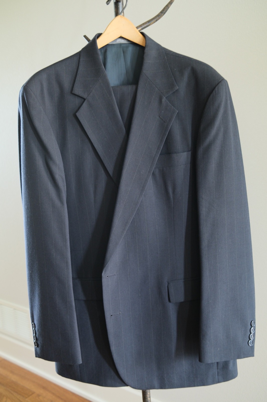 Vintage Haggar 100% Wool Suit 46L 40×31 Navy Pinstripe Made in USA Two Button
