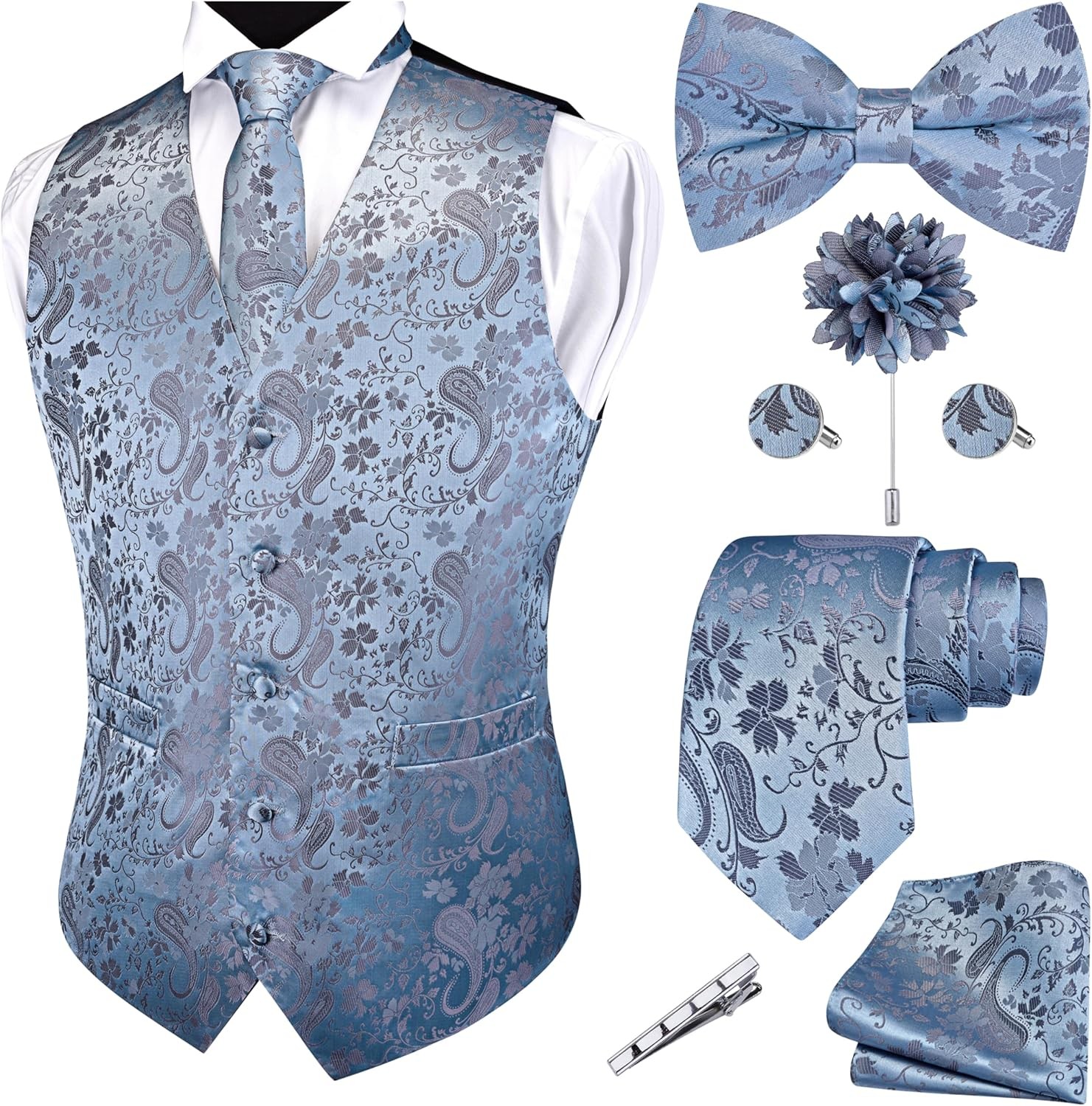 7PC Men’s Formal Paisley Jacquard Vest Tie Set Wedding Business Party Waistcoat