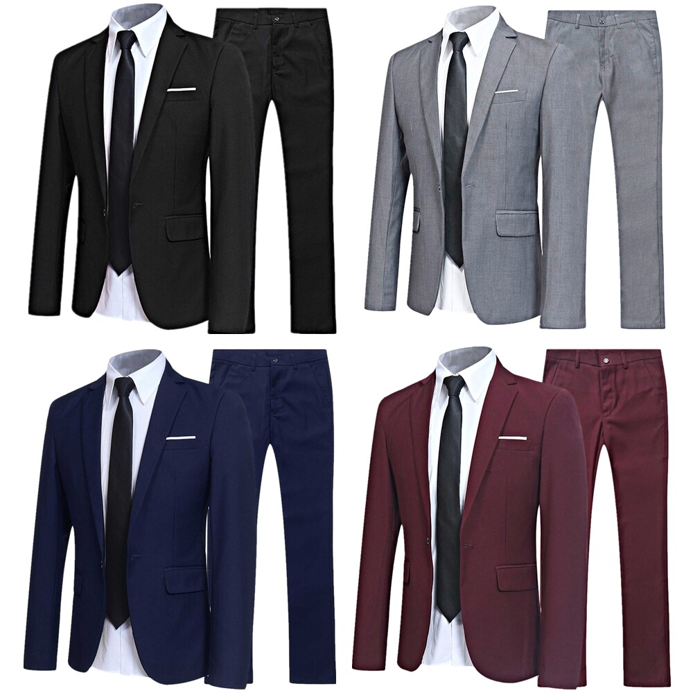 Mens Business Blazer Jacket Pants Suits One Button Slim Fit 2-Piece Set Suit