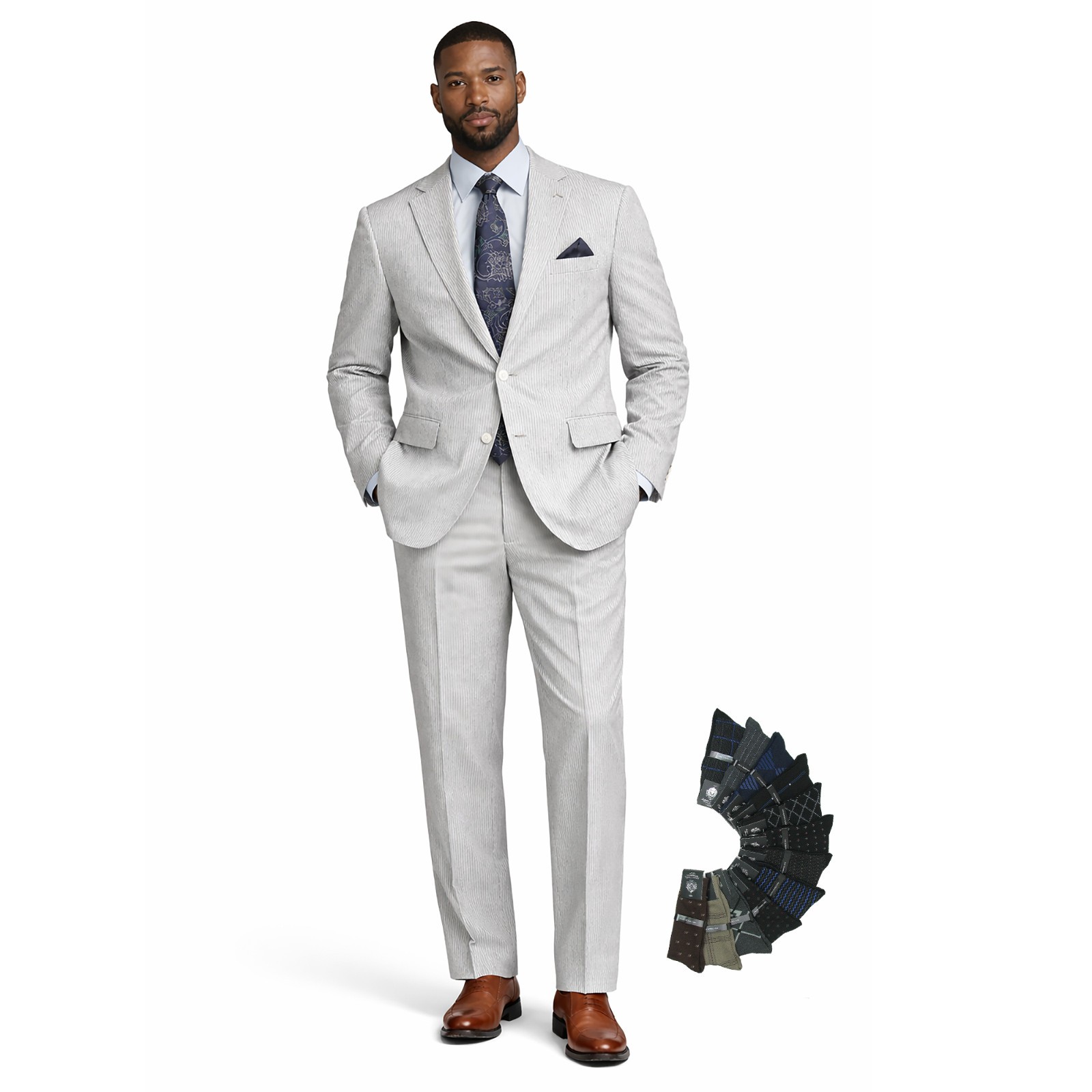Men’s Seersucker Striped Suit 2-PC Modern-Fit, Adjustable Waist, Free Socks